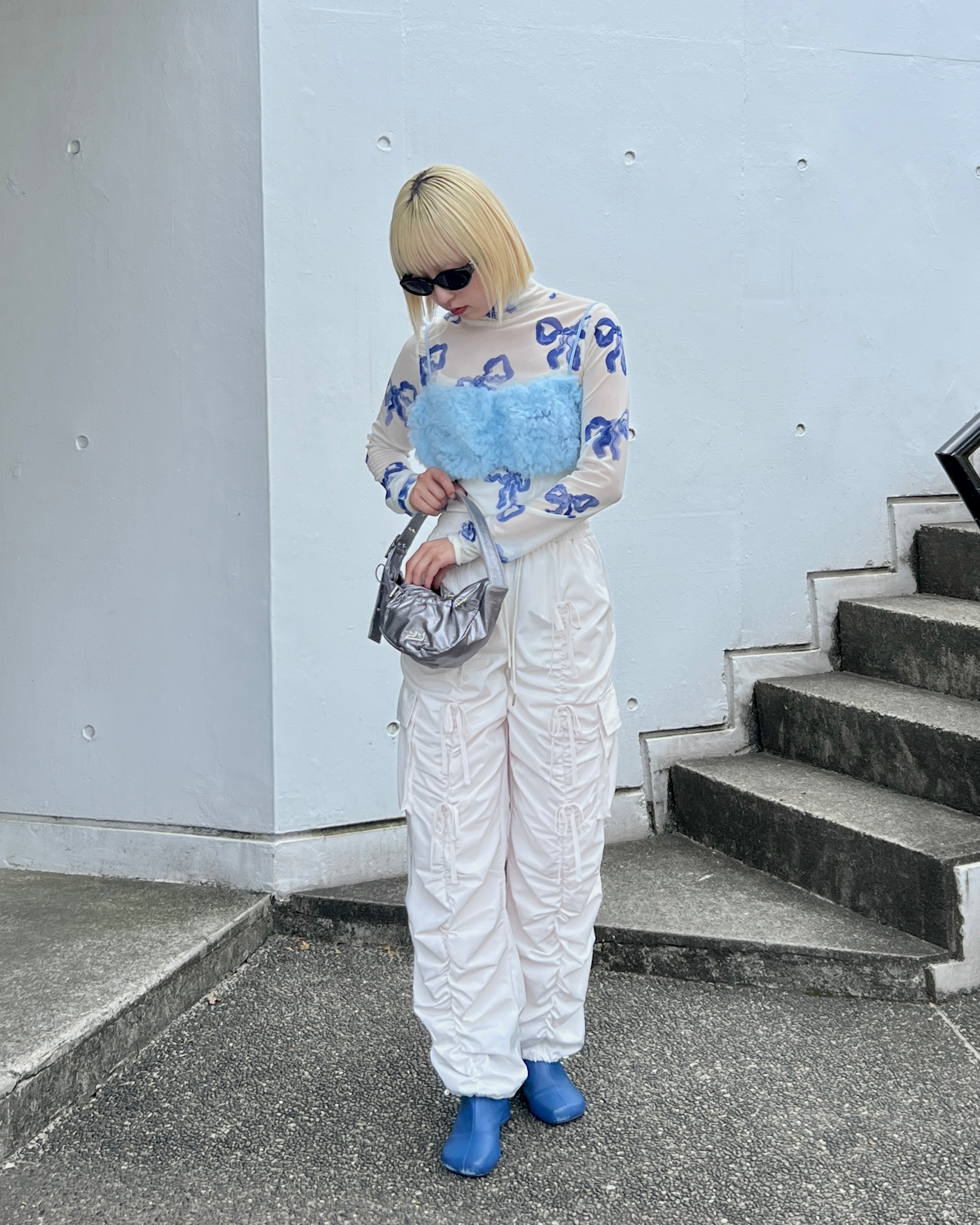 Blue ribbon see-through tops (High neck)