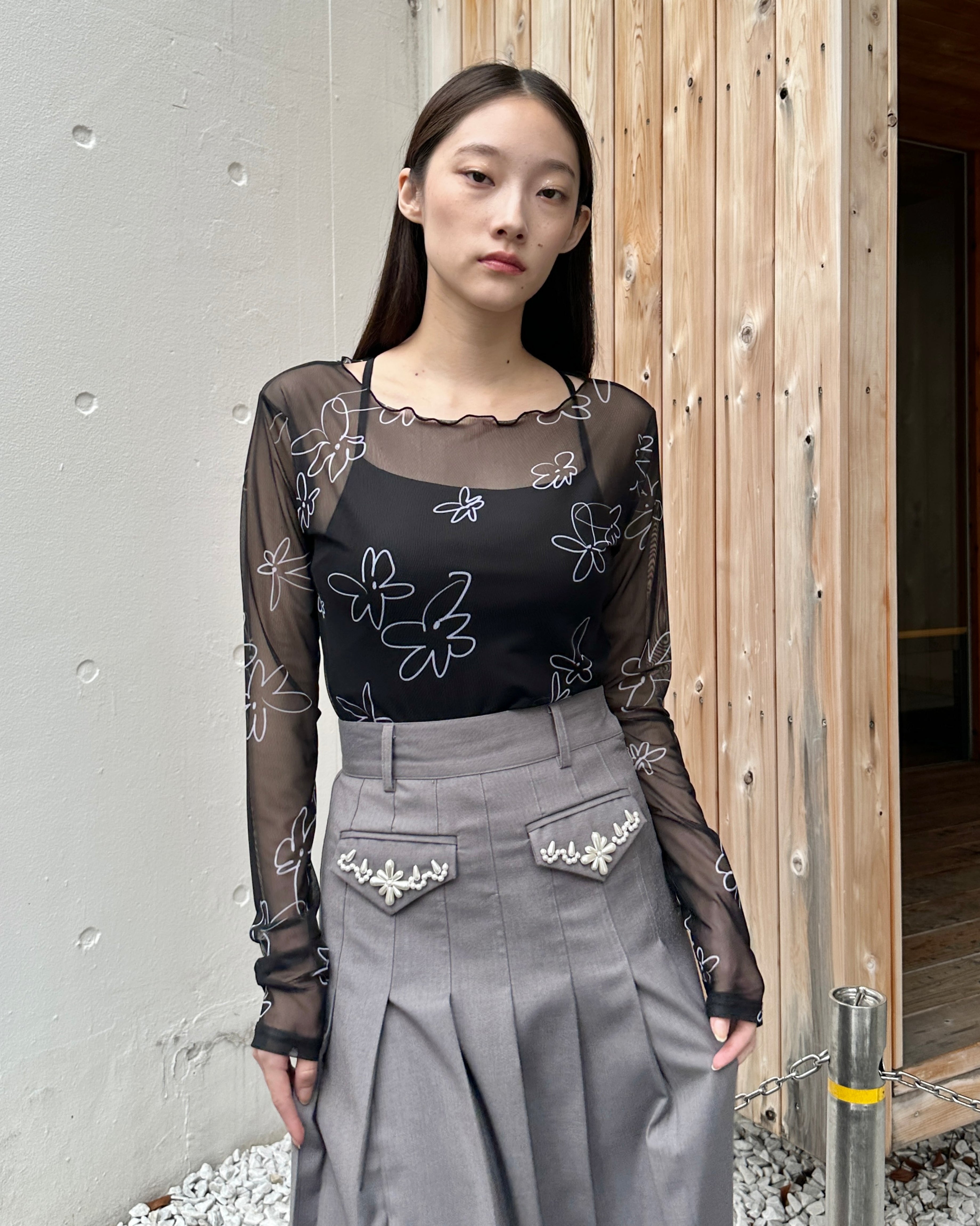 トップス POPPY ART FLOWER SEE-THROUGH TOPS Blooming flowers see-through tops