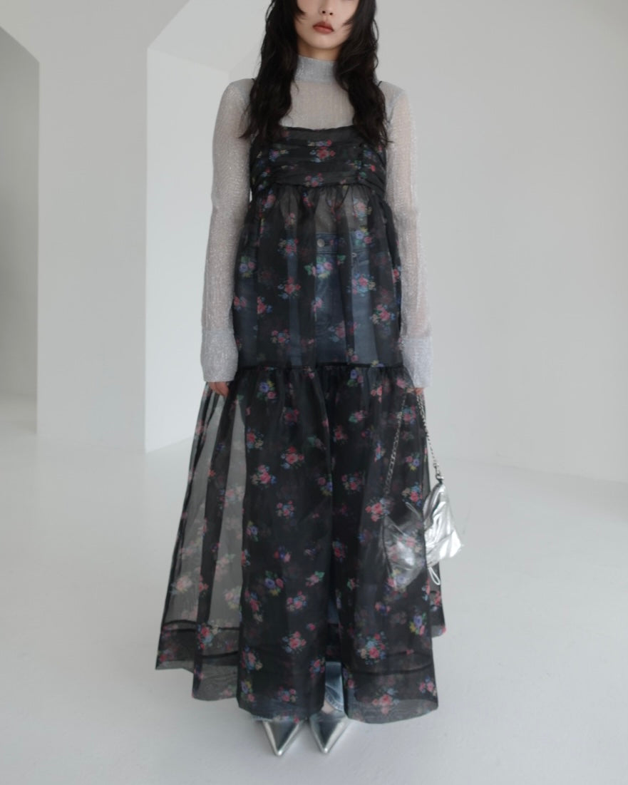 Blur flower organdy cami dress (black)