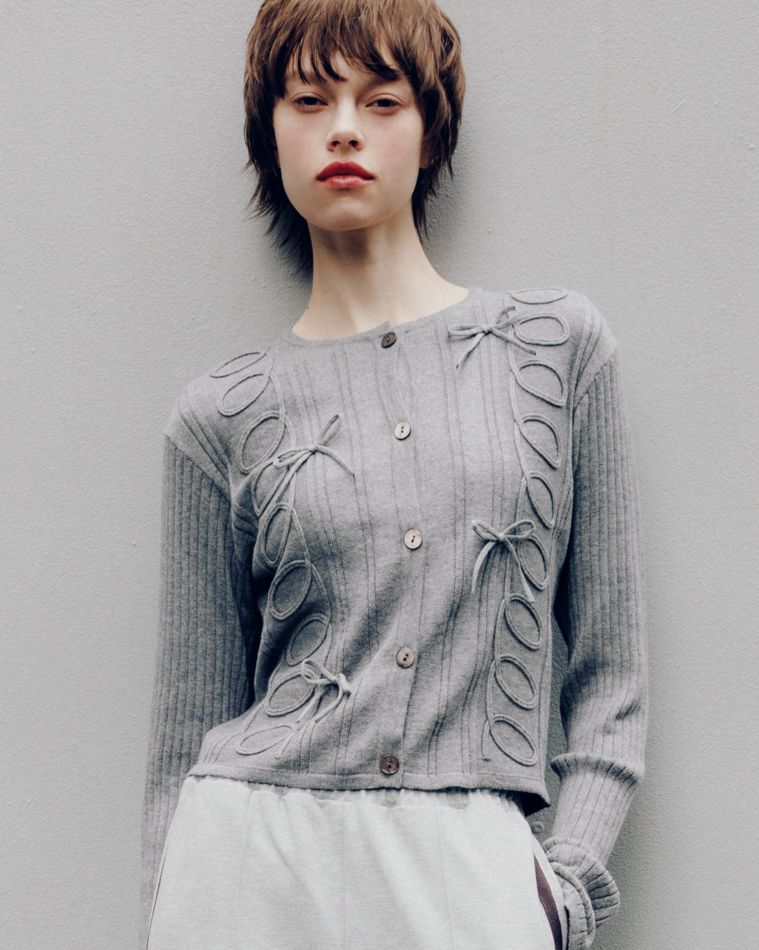 Kurukuru ribbon rib knit cardigan (gray)