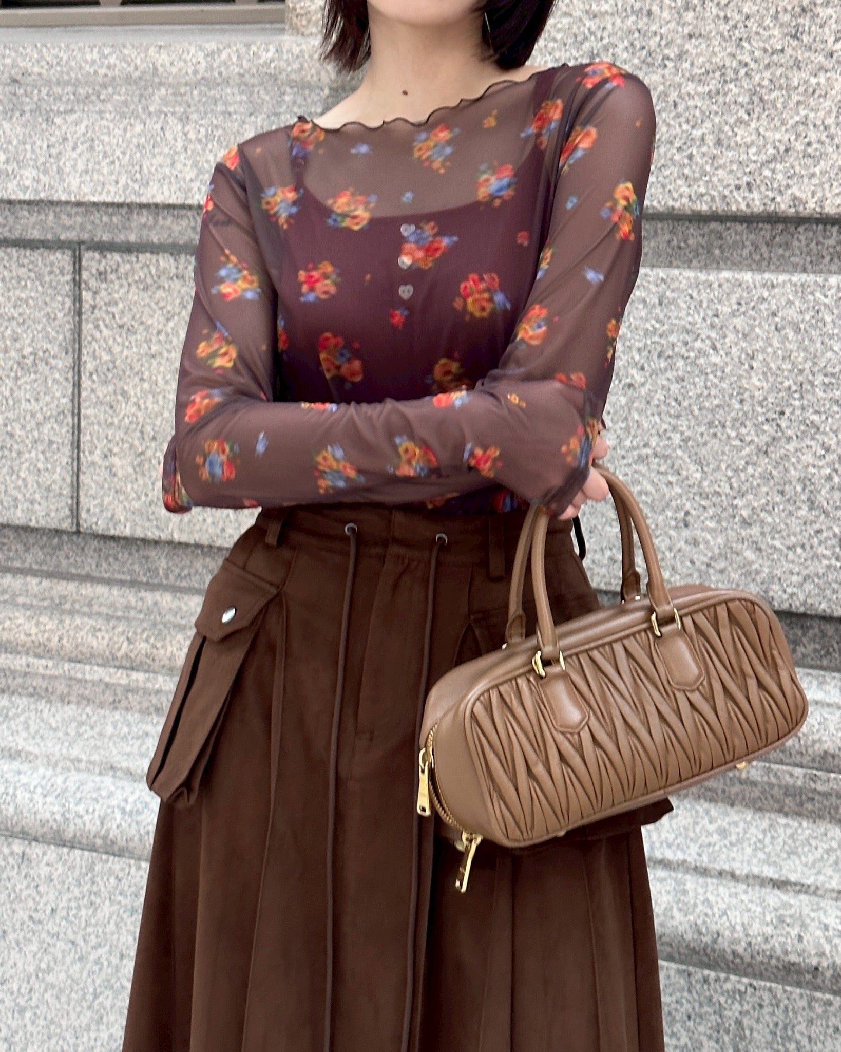 Brown bouquet see-through tops (round neck)