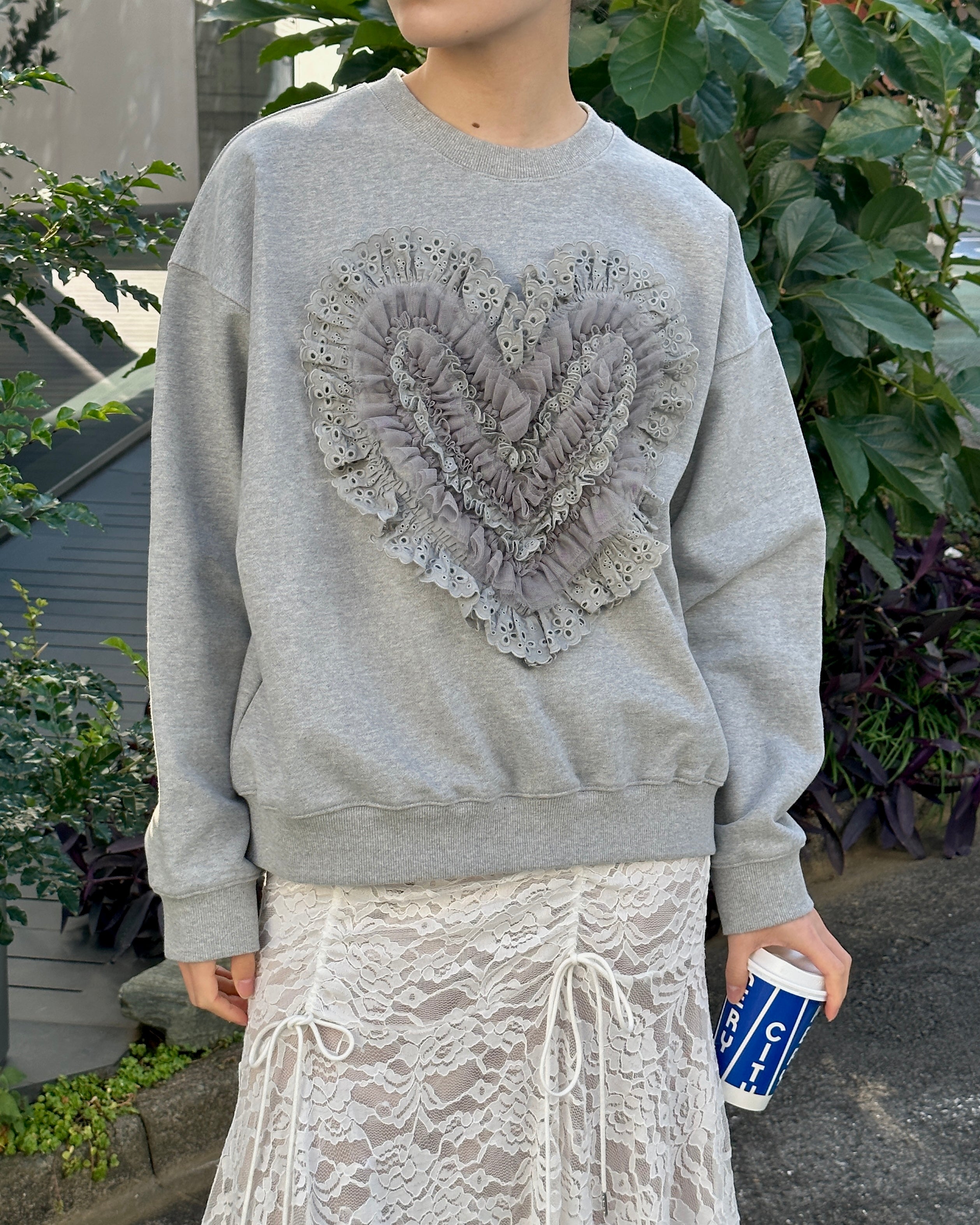 トップス POPPY COTTON LACE HEART SWEATSHIRT Cotton lace heart sweatshirt (gray)