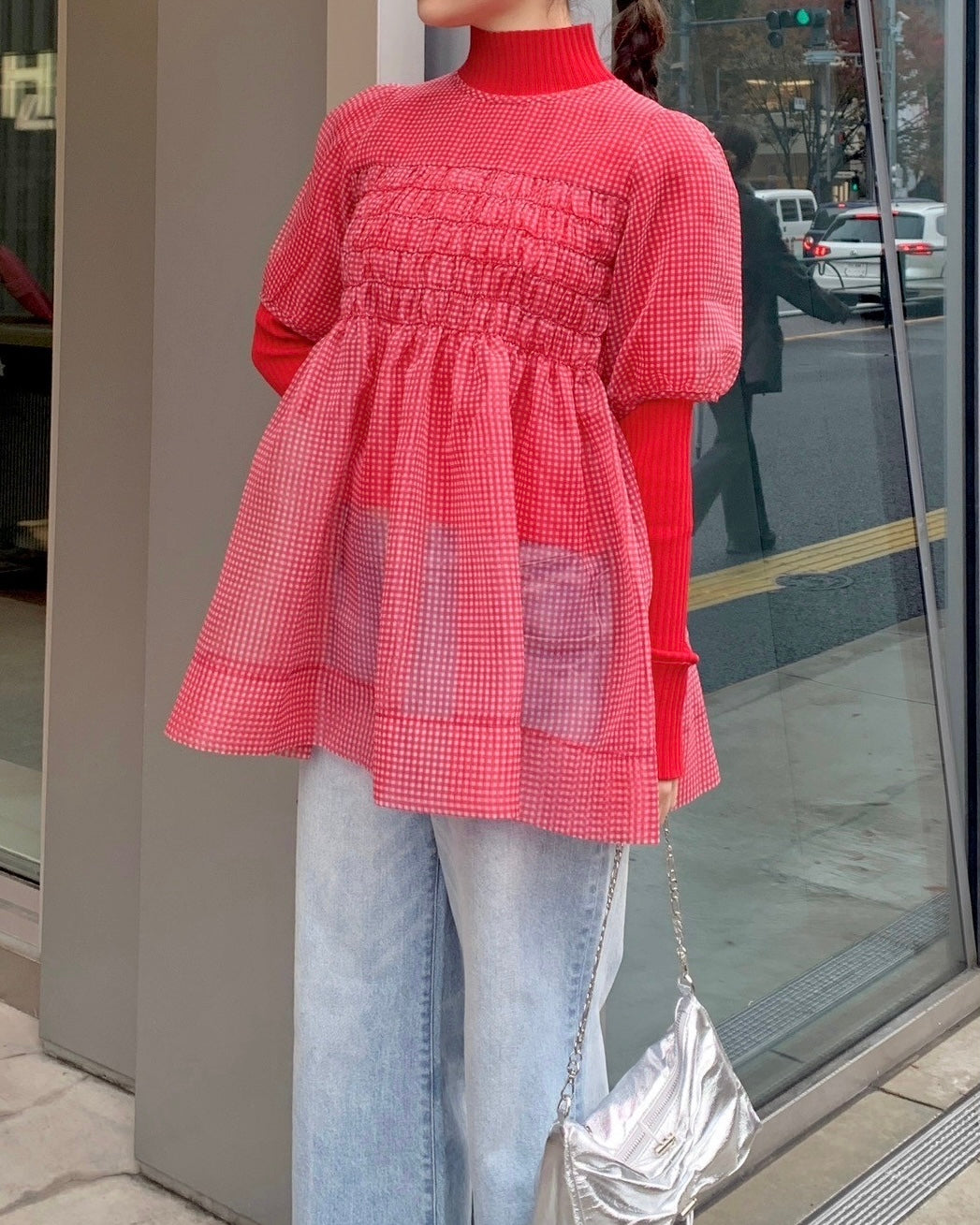 Gingham organza shirred tunic (red)