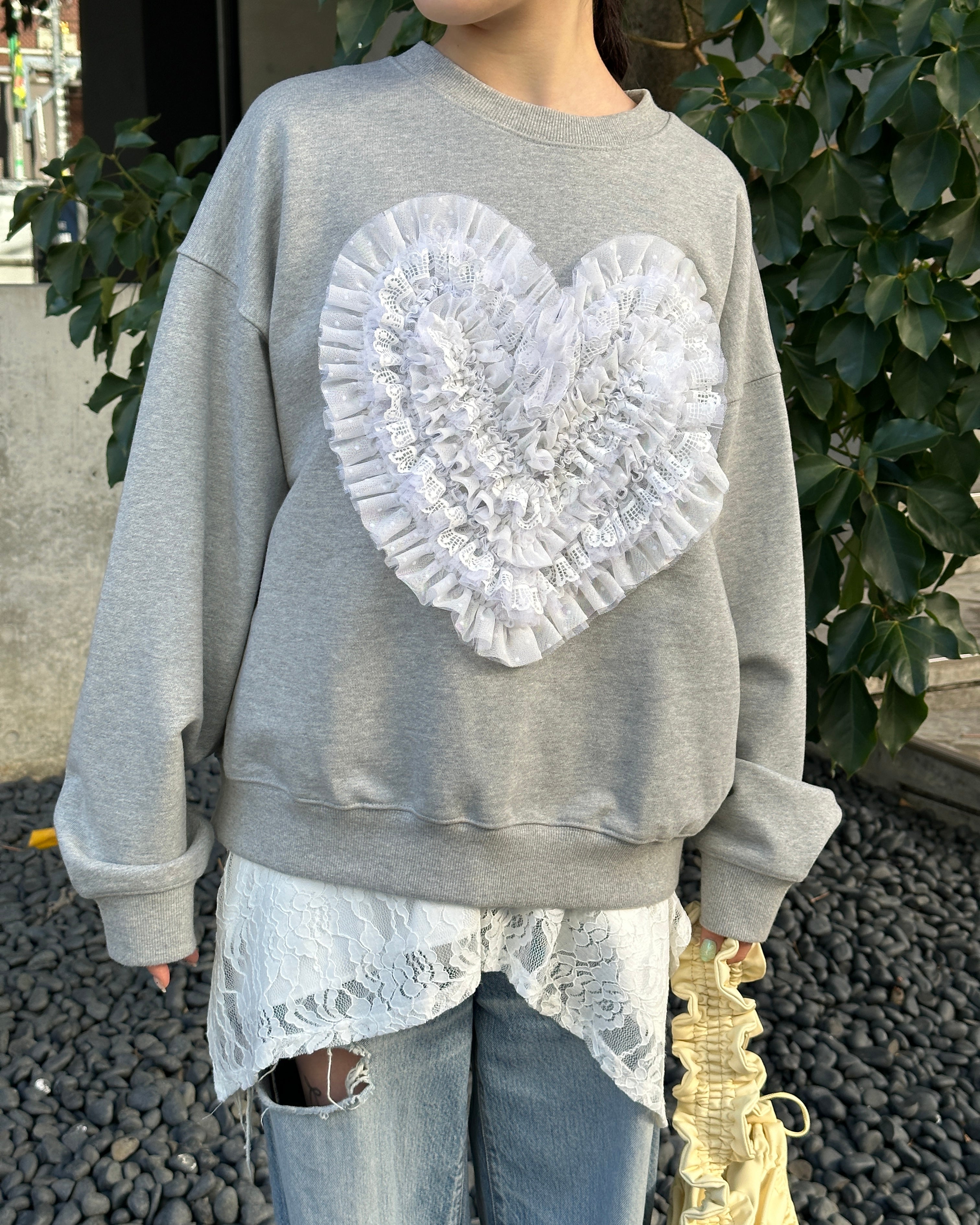 Heart dot tulle sweatshirt (gray)