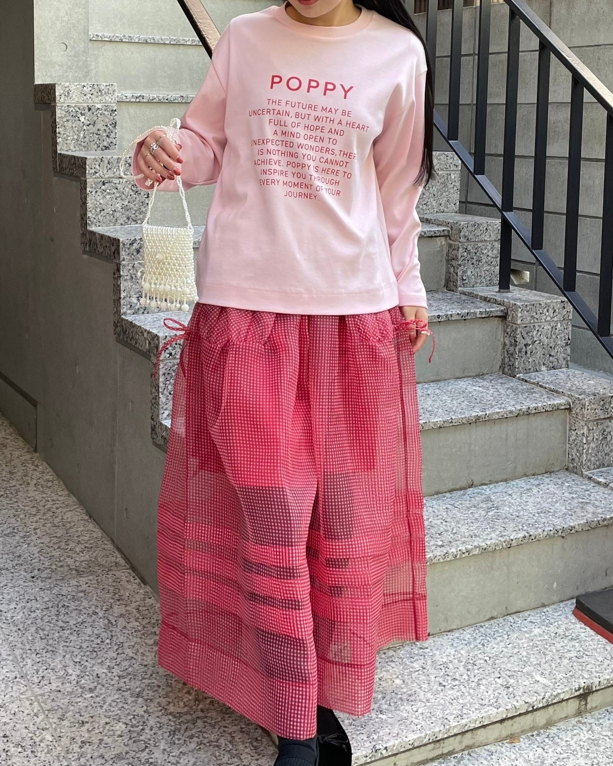 Gingham organza tuck skirt (red)