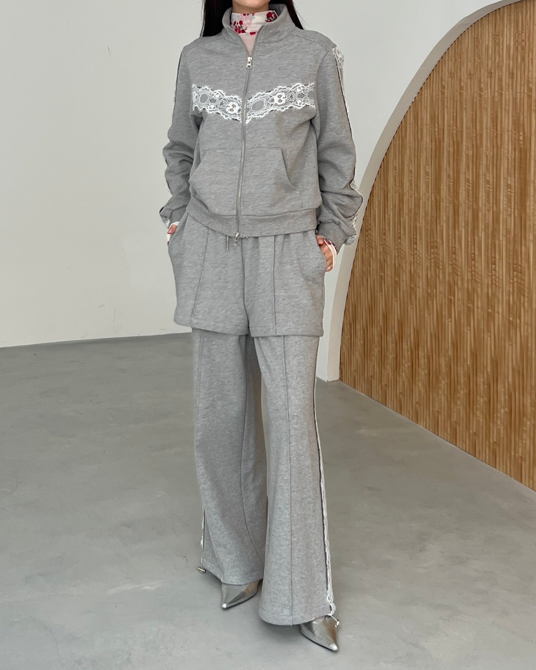 Layered-look lace sweatpants