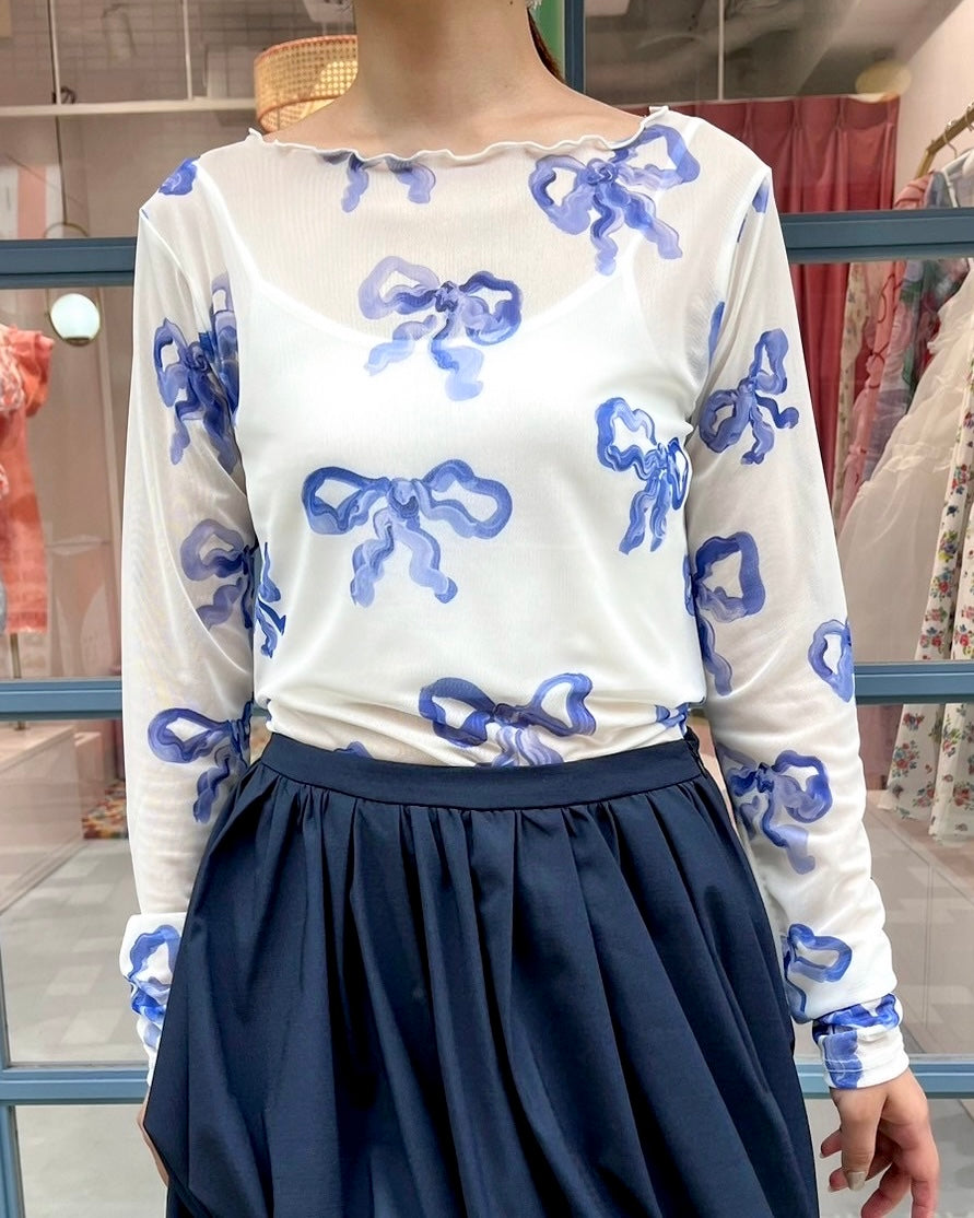 Blue ribbon see-through tops(Round neck)