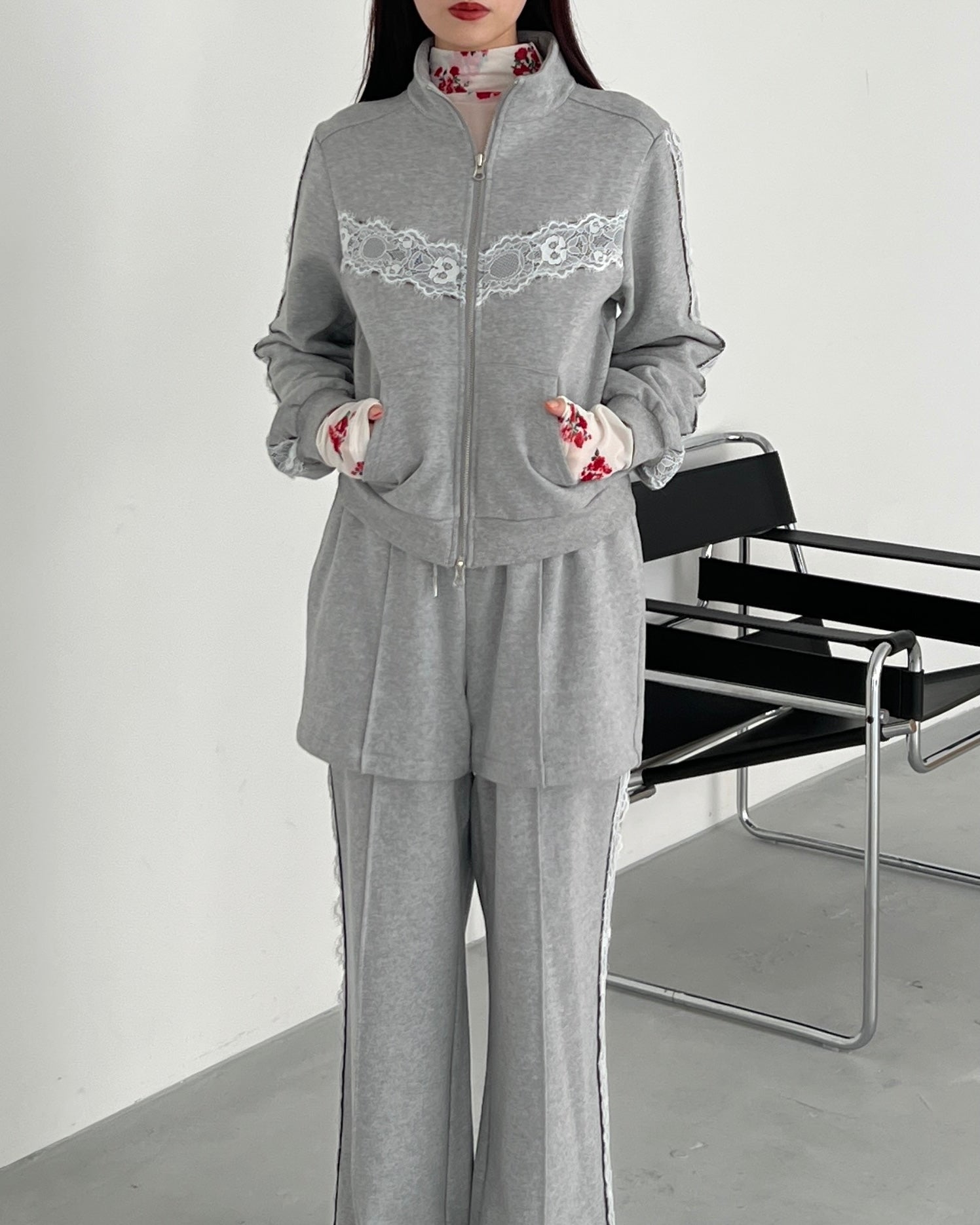 Layered-look lace sweatpants