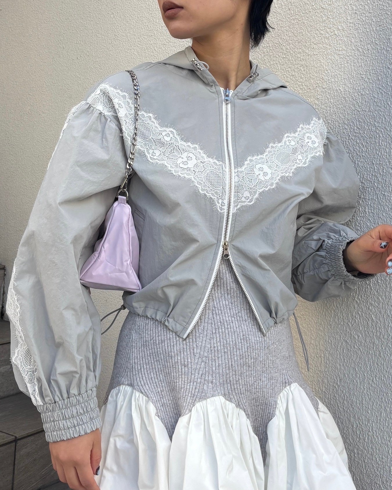 Lace nylon short hoodie