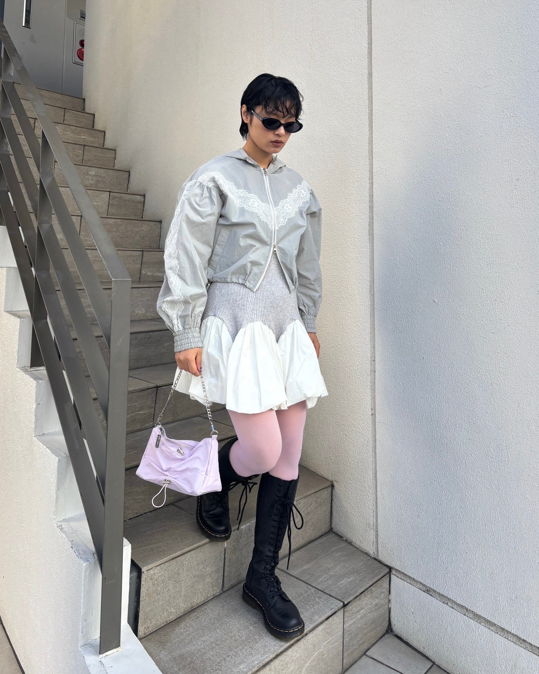 Lace nylon short hoodie