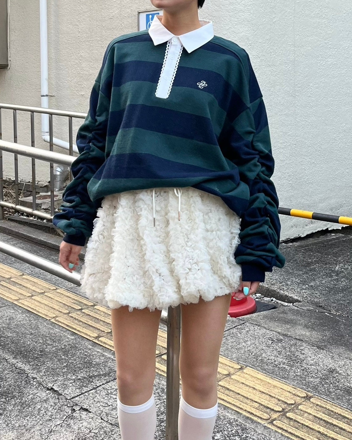 Gathered sleeve rugby shirt (green/navy)