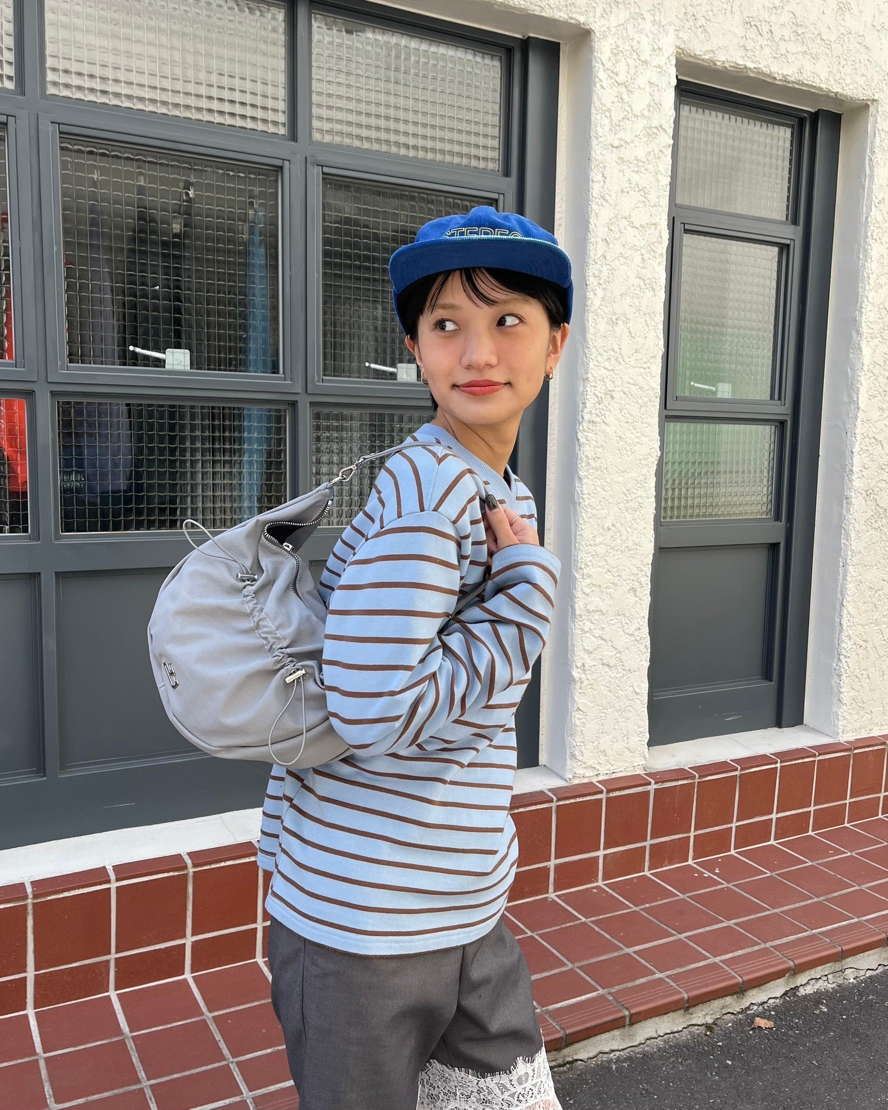 Border long t-shirt (sky blue/brown)