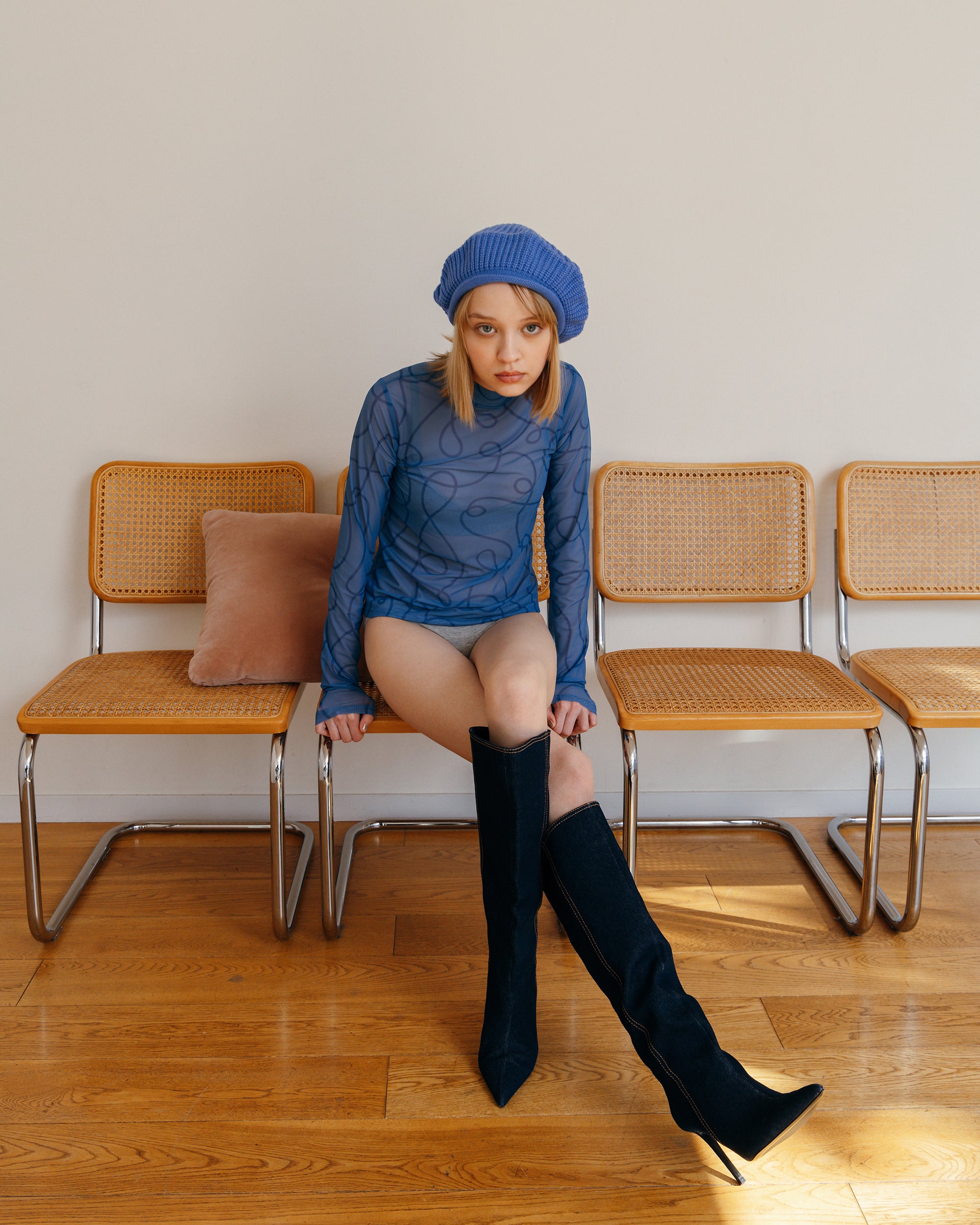 poppy ポピー　シースルー　ブルー　新品 Swan see-through tops (High / Crew neck)