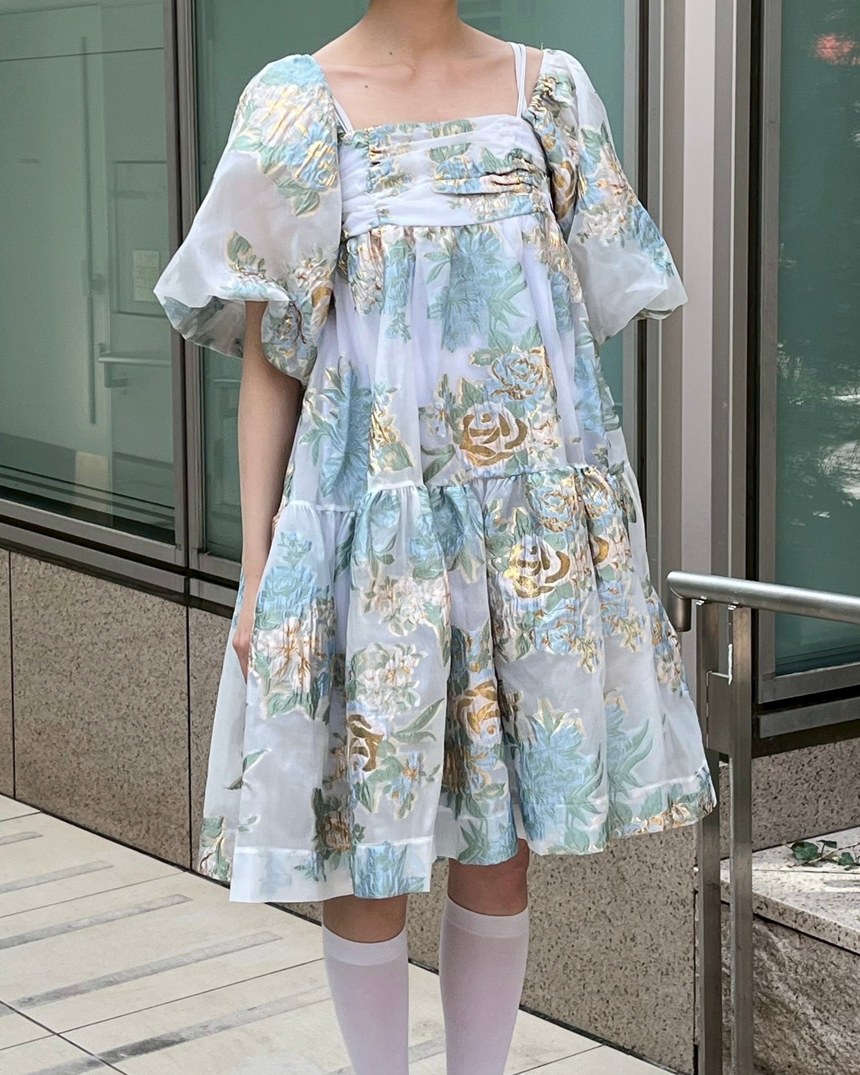 ワンピース POPPY GOLD JACQUARD PUFF MINI DRESS Gold jacquard puff mini dress