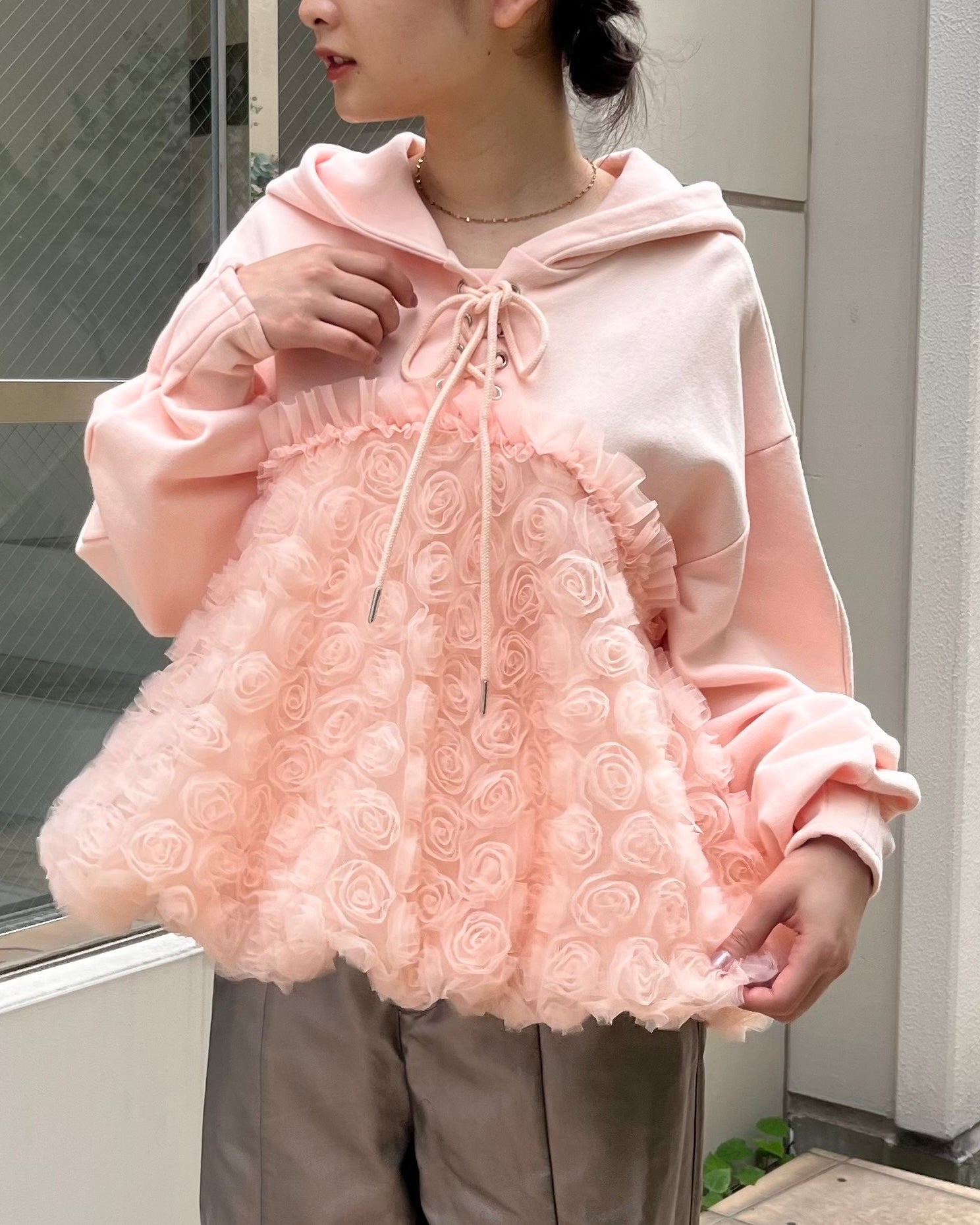 POPPY チュールドッキングフーディー（ブラック） Tulle docking hoodie（black）