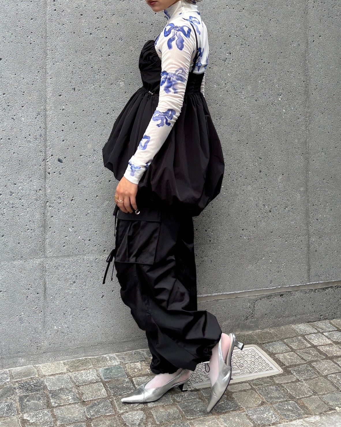 Gather ribbon cargo pants (black)