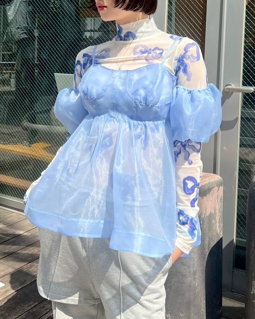Blue ribbon see-through tops (High neck)
