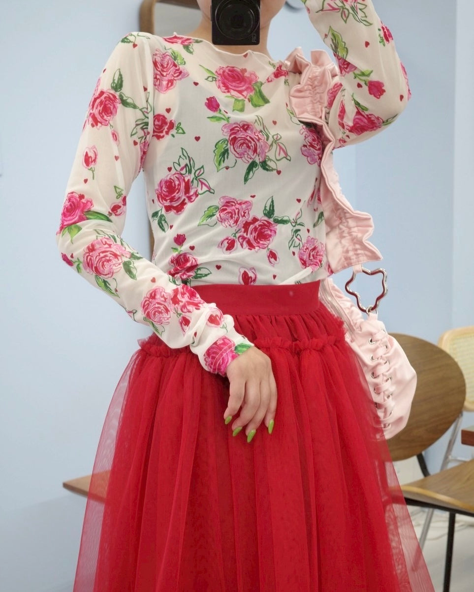 Romantic flower dot see-through tops (round neck)