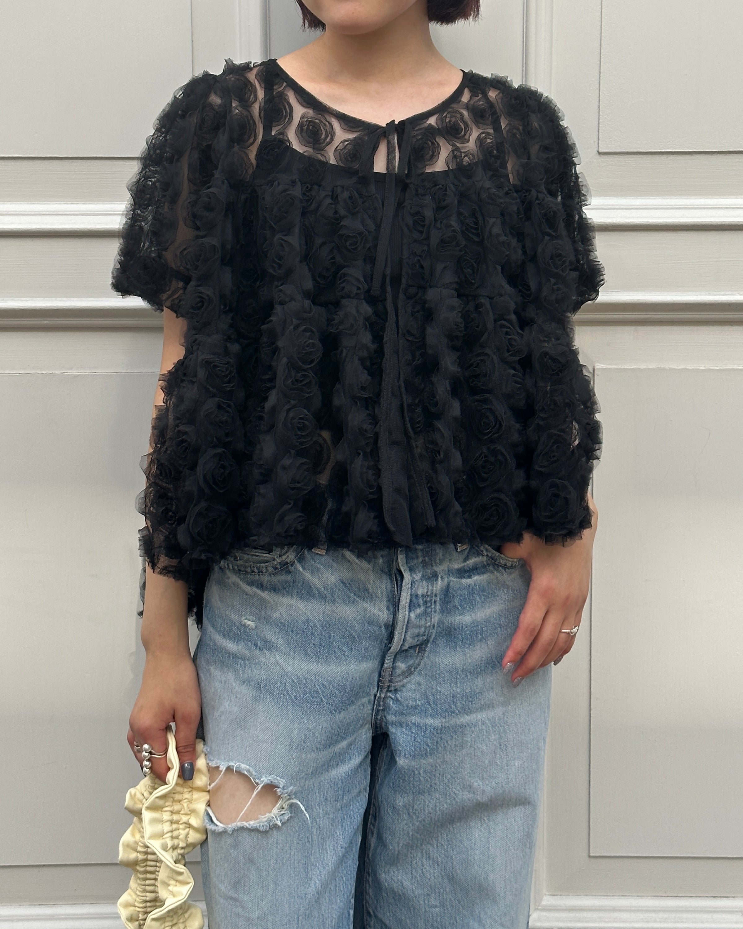Flower tulle tiered bolero (black)