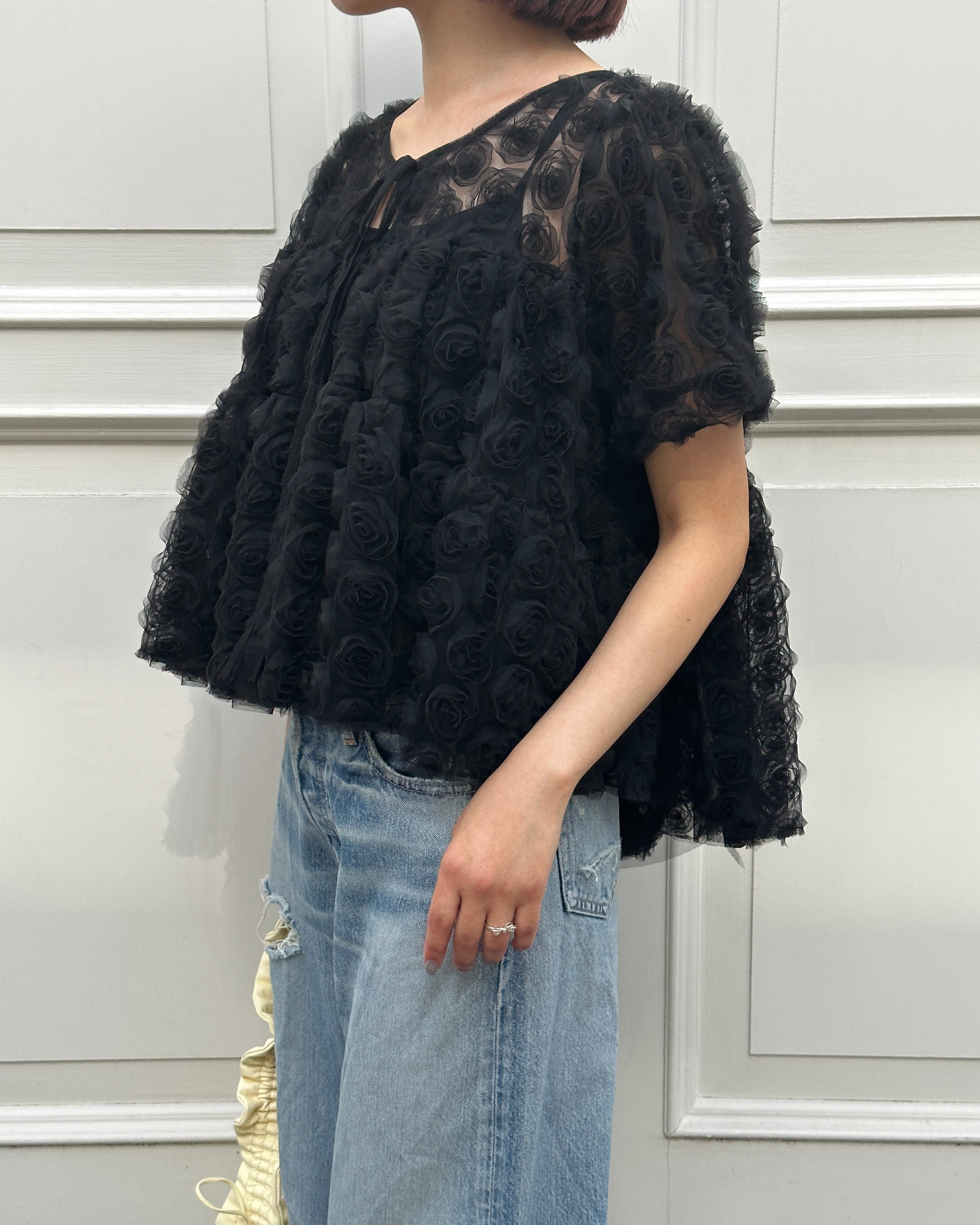 Flower tulle tiered bolero (black)