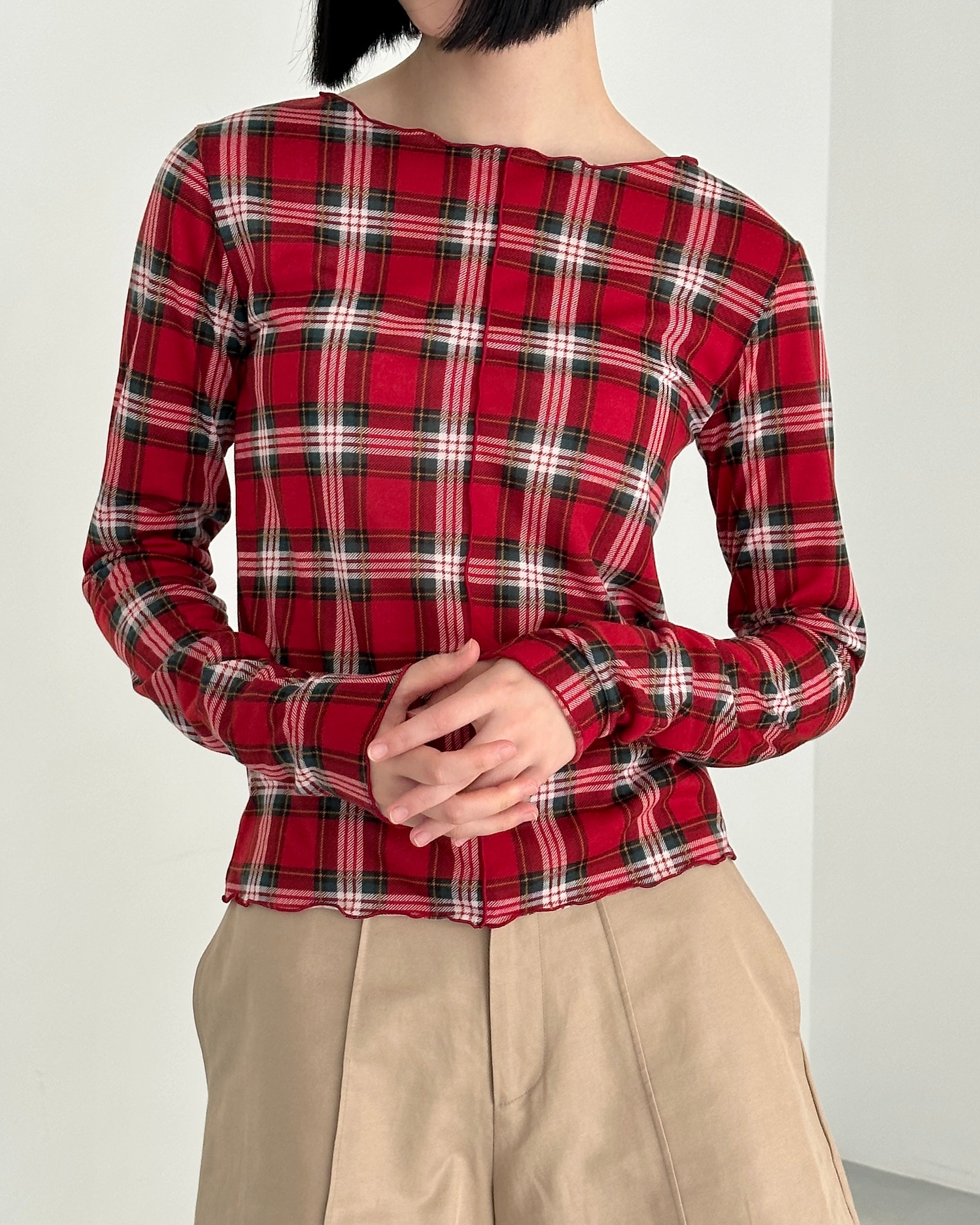 POPPY(ポピー) シースルーチェックタートルトップス Check turtle / round top