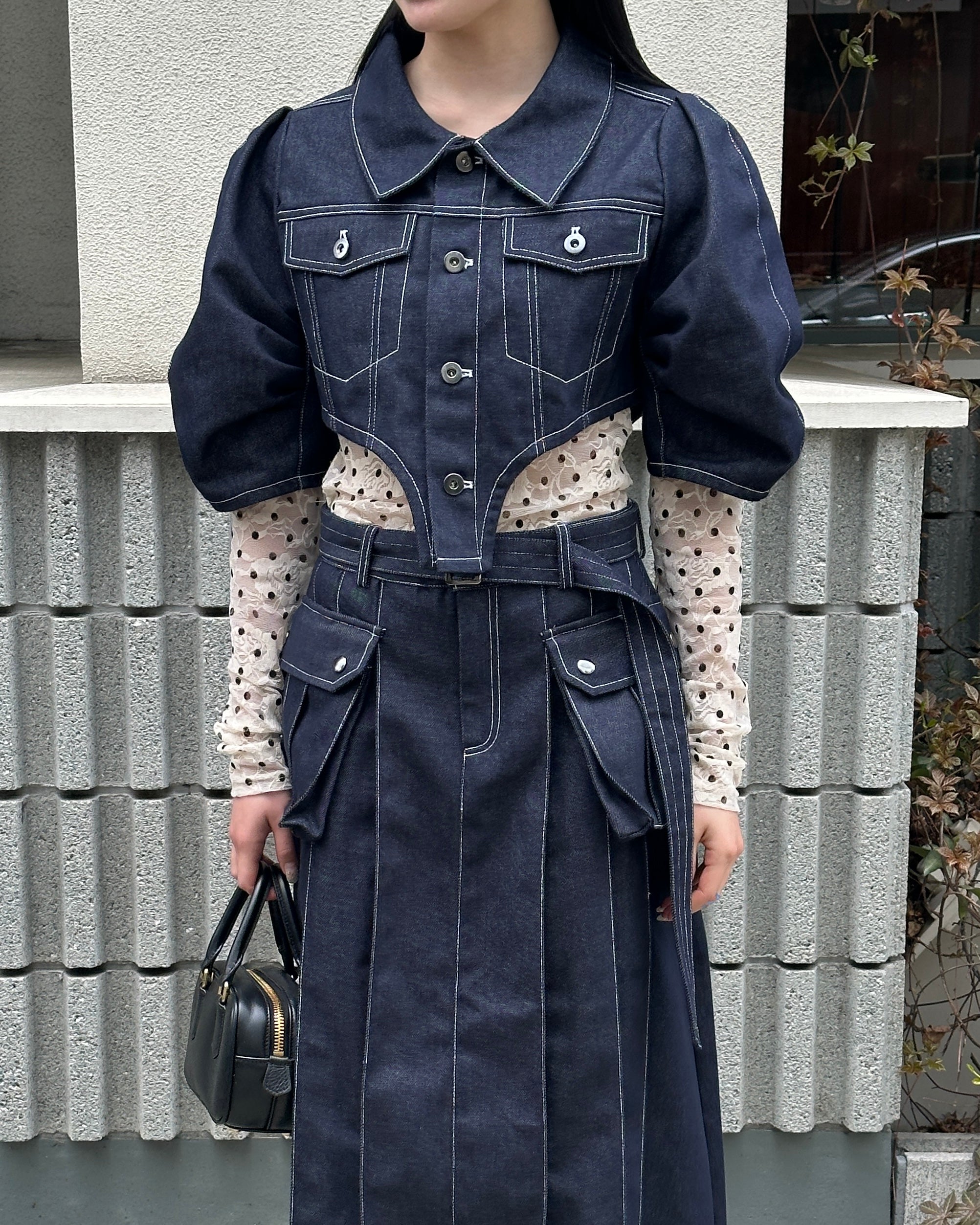 Pleated long denim skirt