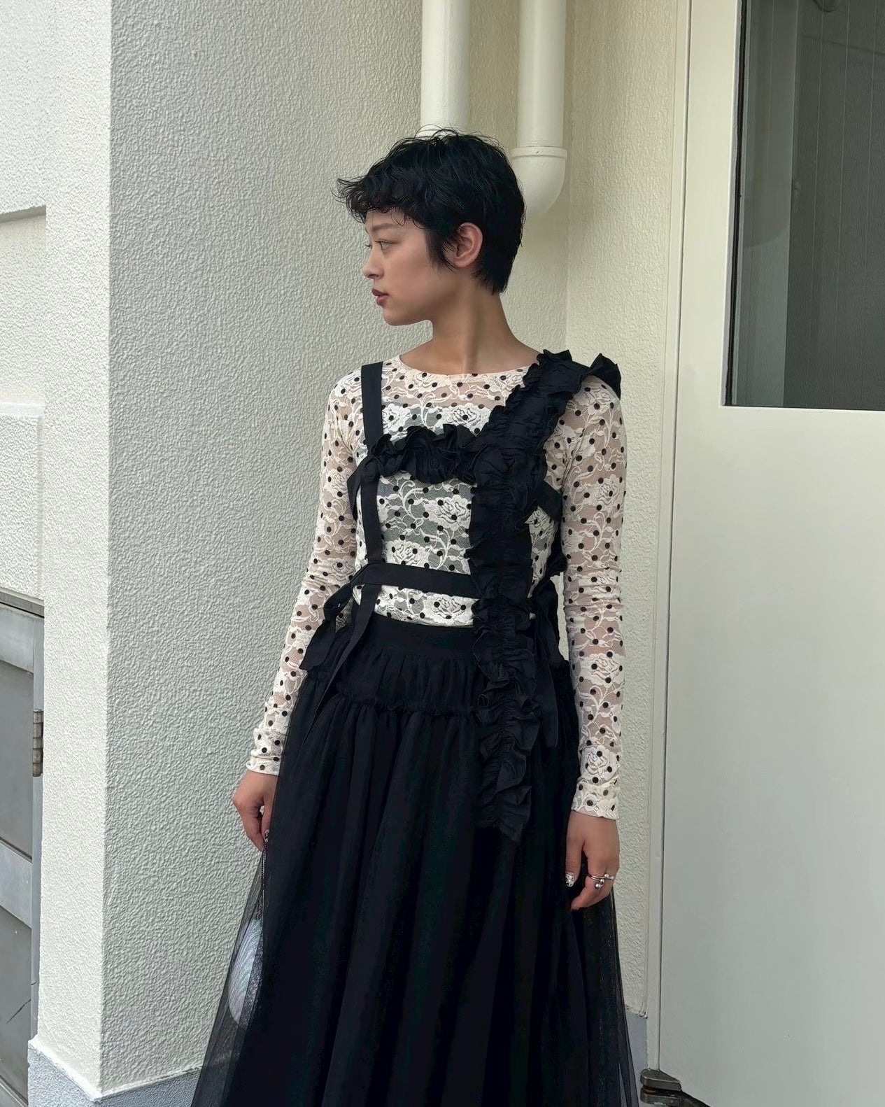 Dot lace see-through top (round neck)