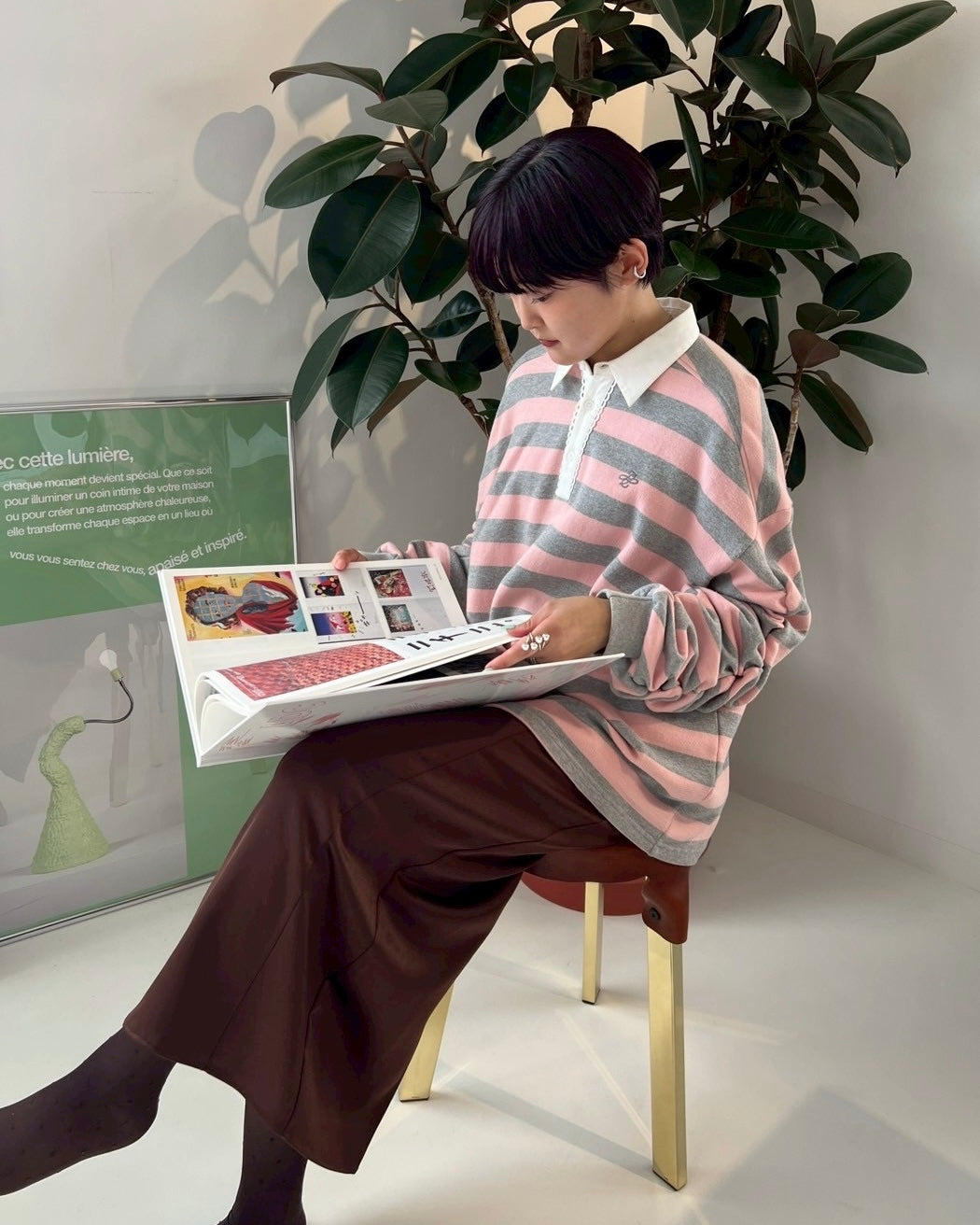 Gathered sleeve rugby shirt (pink/gray)