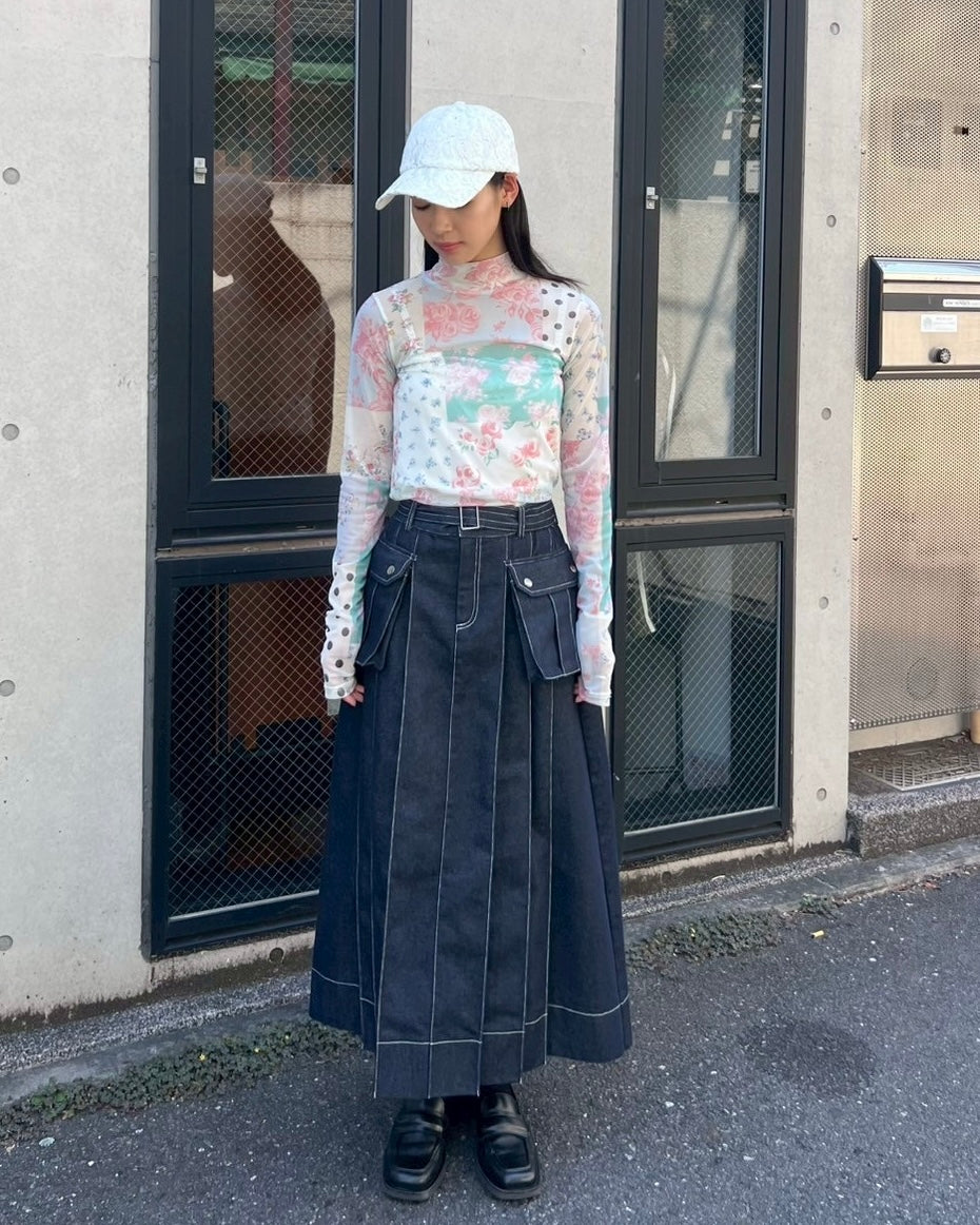 Nostalgic patchwork see-through tops (high neck)