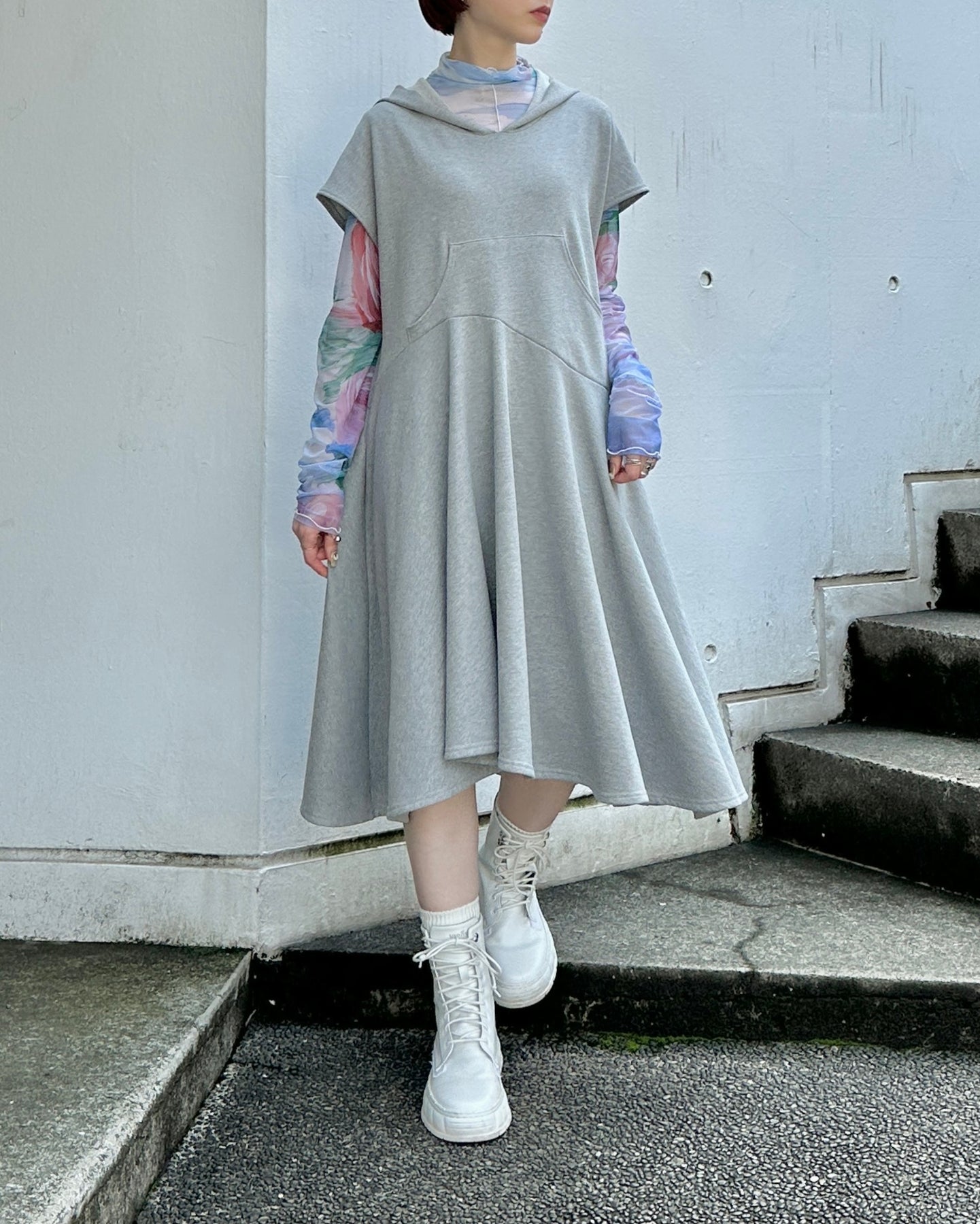 Asymmetric flare hoodie dress (Gray) – POPPY