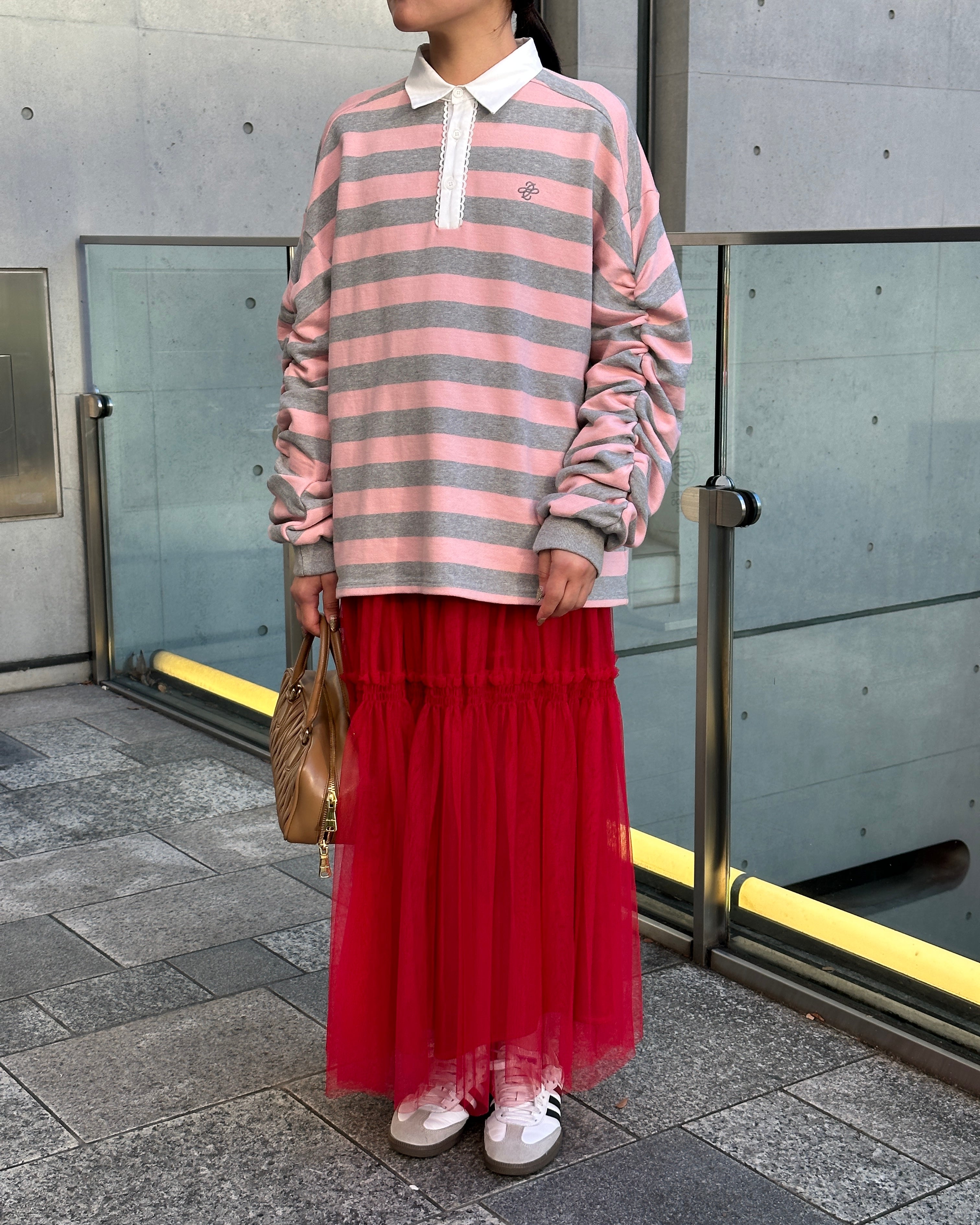 Gathered sleeve rugby shirt (pink/gray)