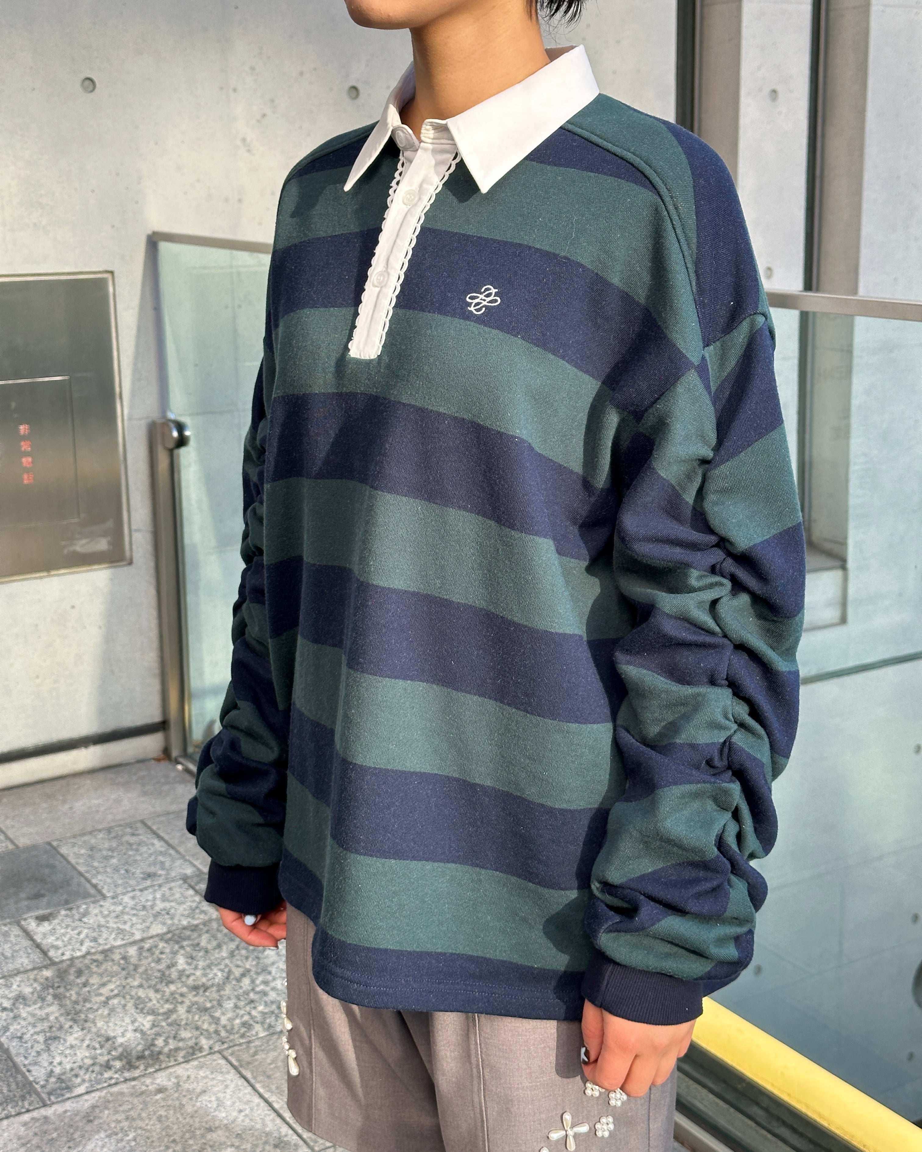 Gathered sleeve rugby shirt (green/navy)