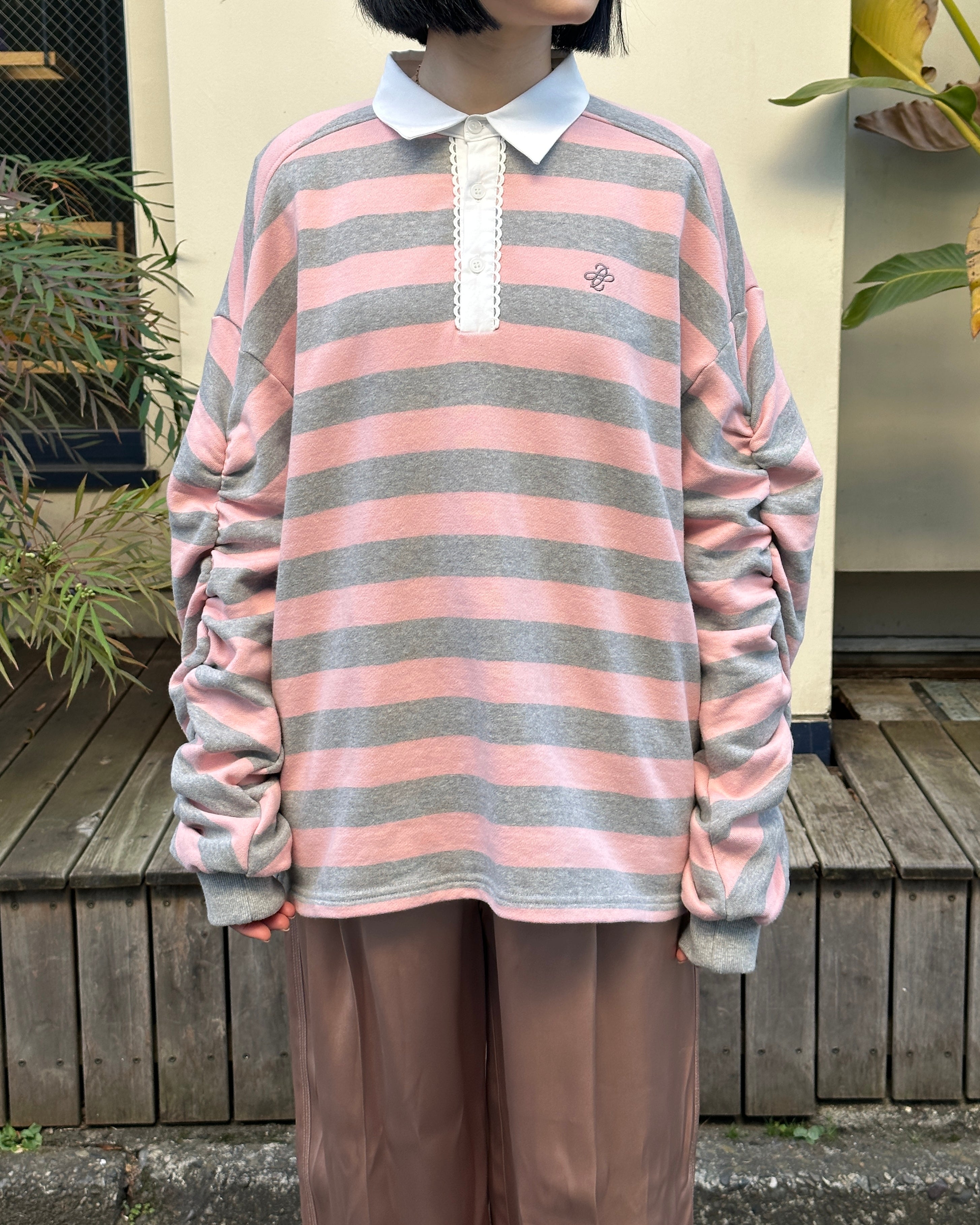 poppy ギャザースリーブラガーシャツ あさぎーにょ Gathered sleeve rugby shirt (ivory/navy)