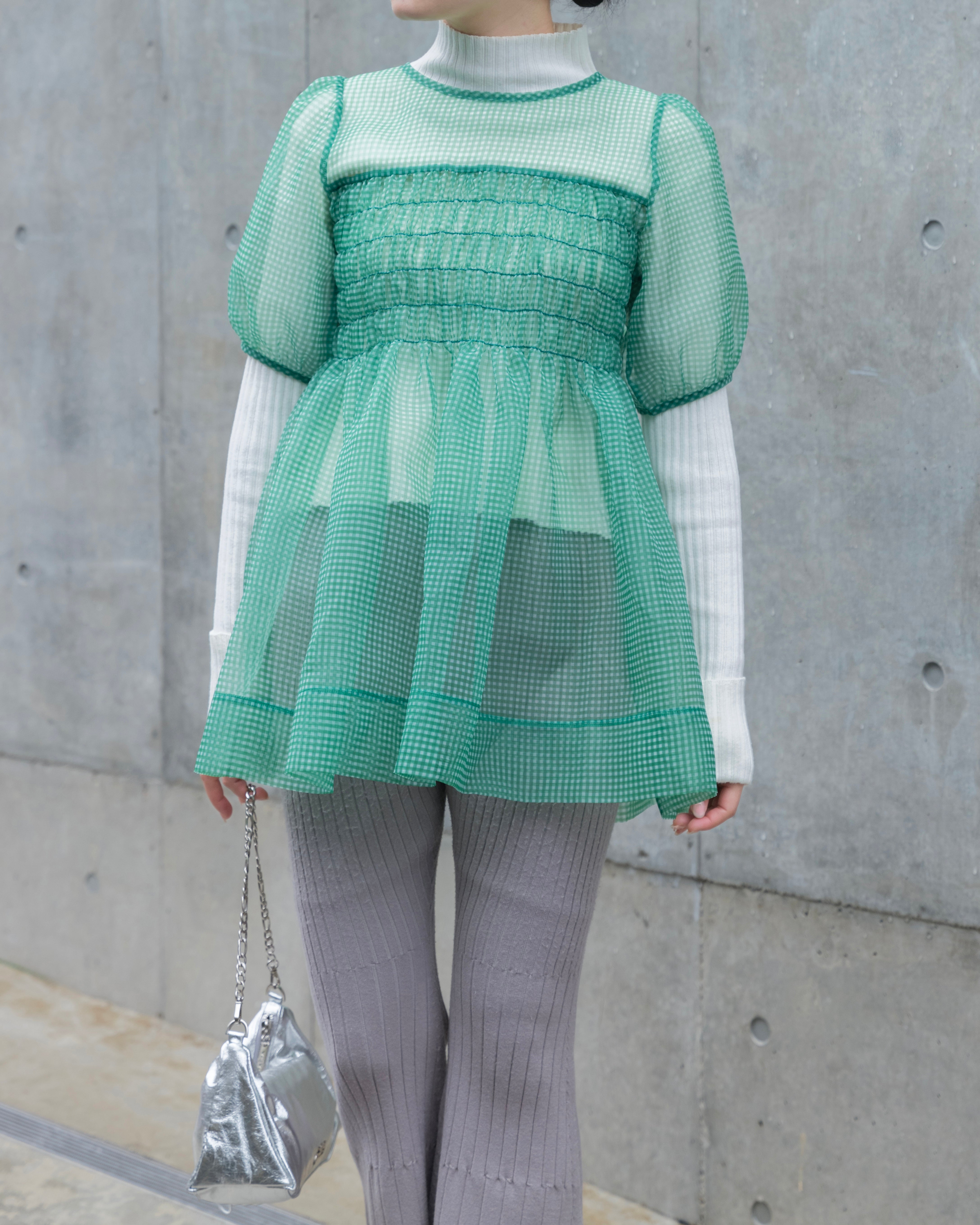 Gingham organza shirred tunic (green)