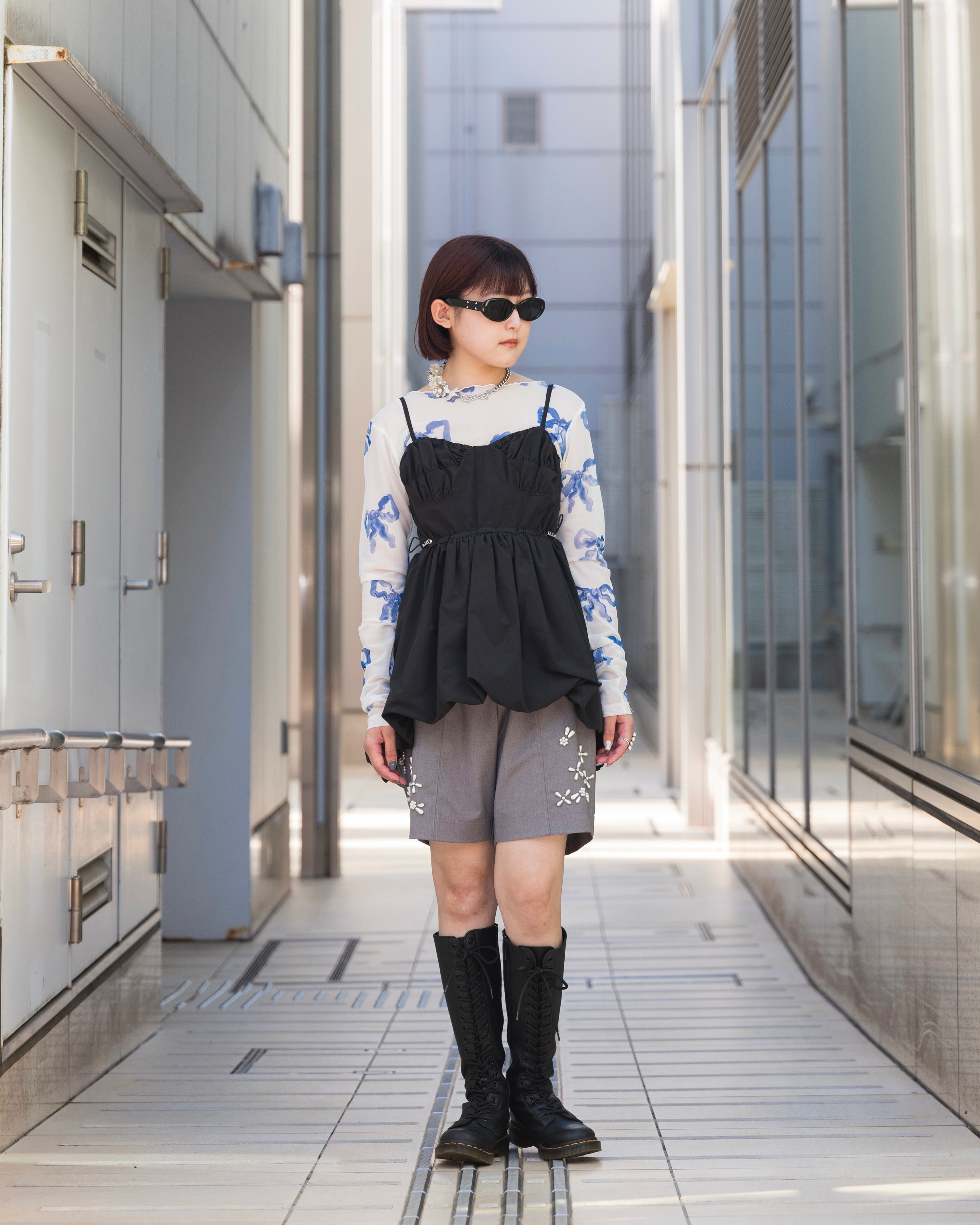 Blue ribbon see-through tops(Round neck)