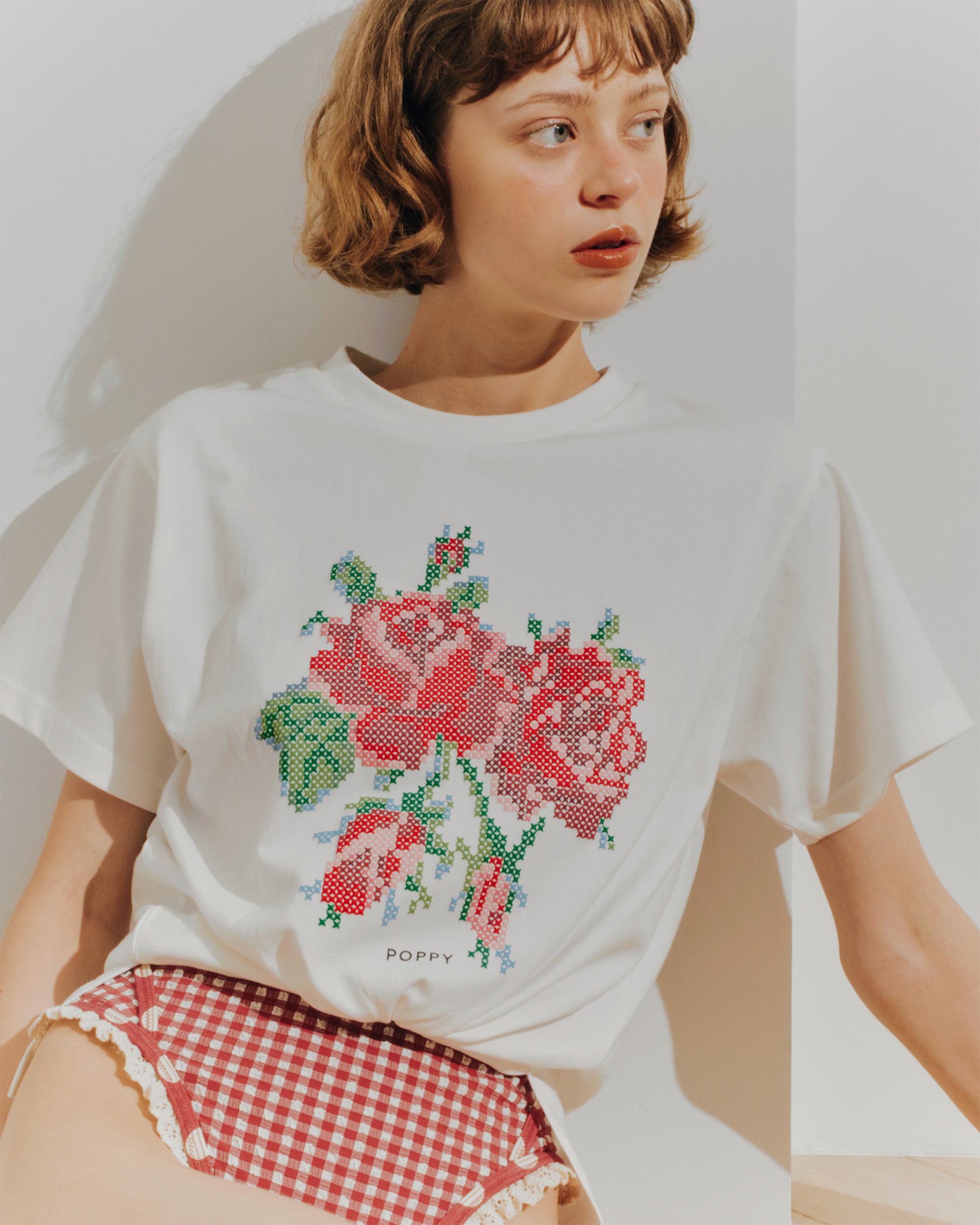 Flower cross-stitch print Tee