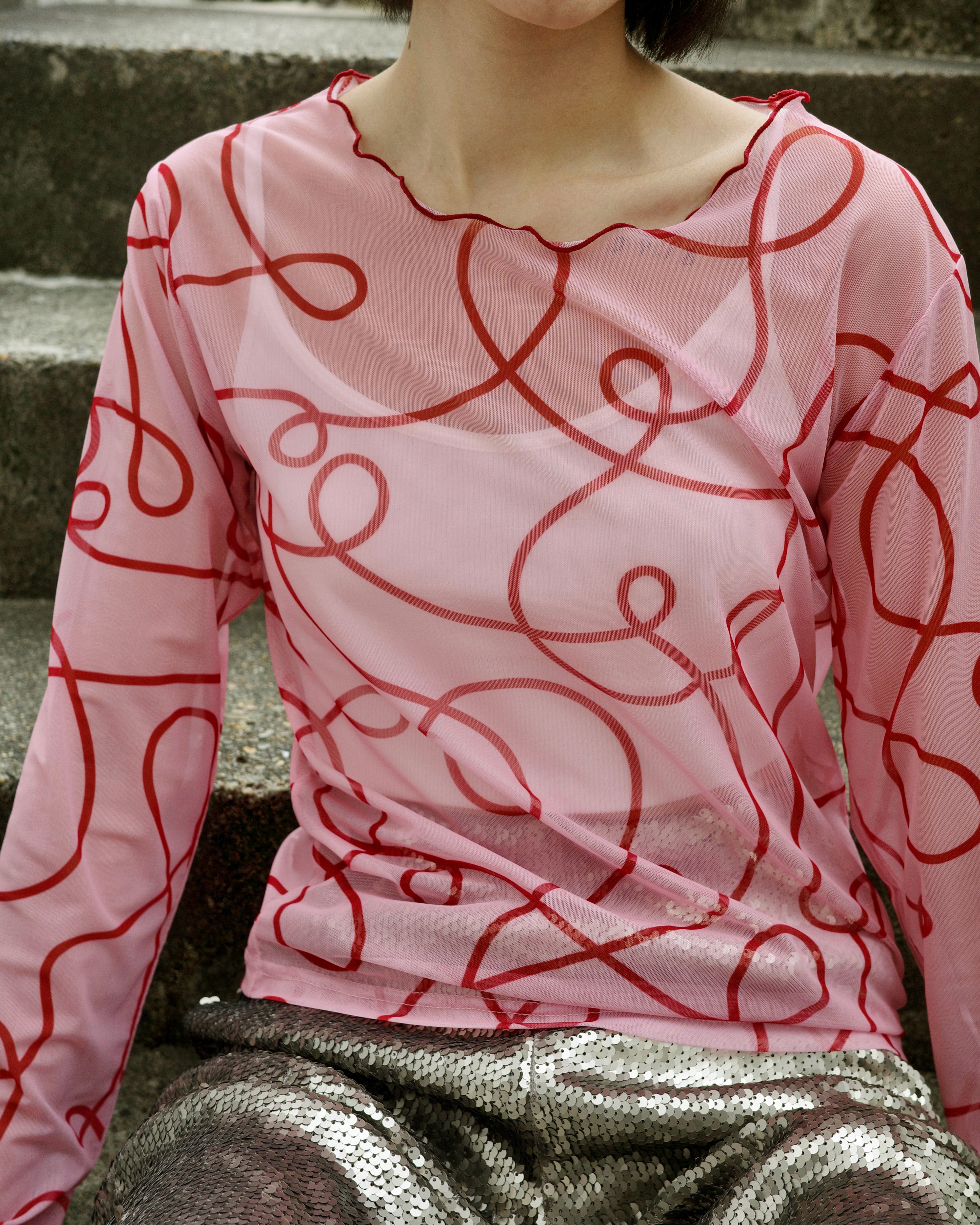 uneune see-through  round neck tops (pink×red)