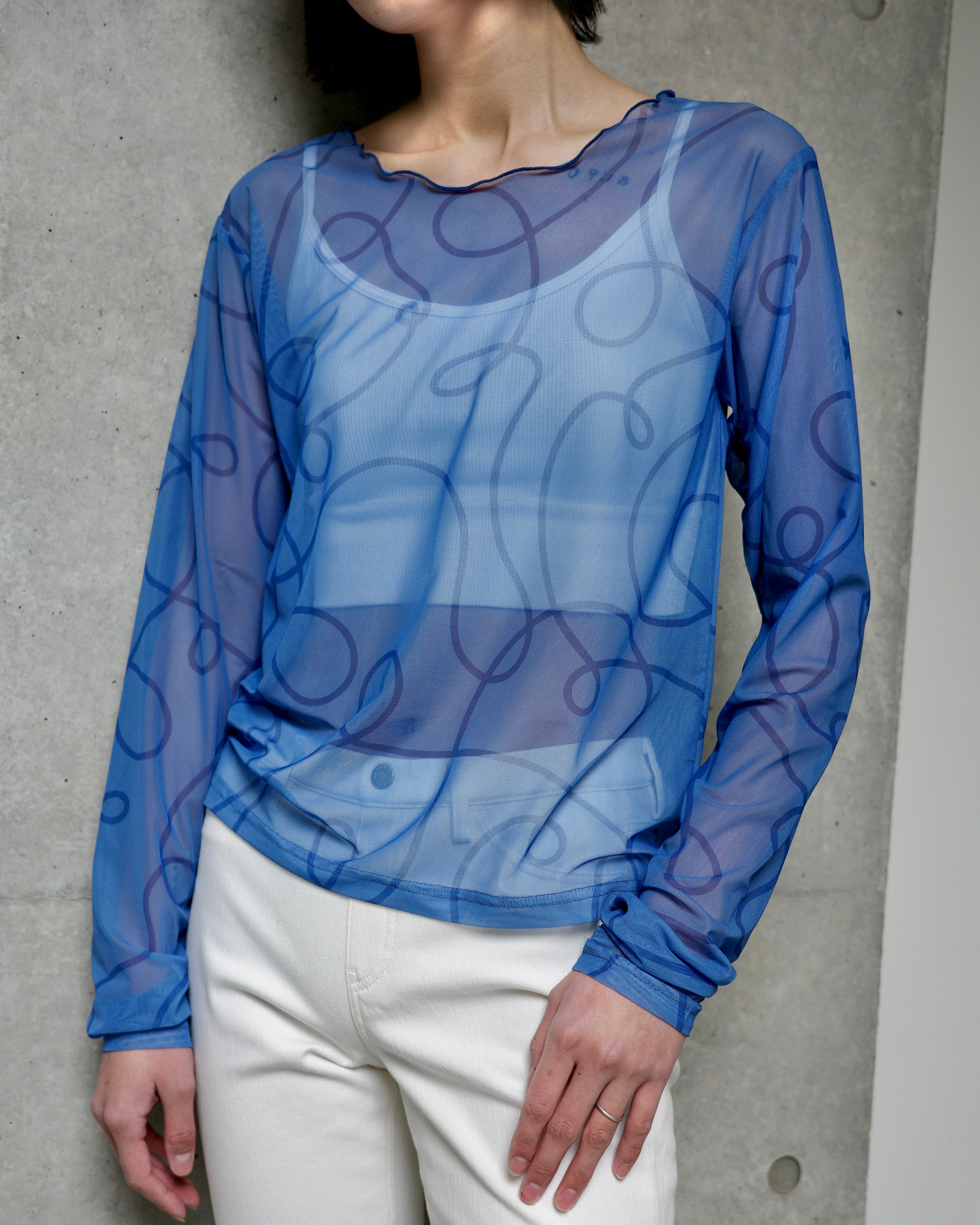極美品 POPPY 花柄シースルートップス ネイビー ラウンドネック uneune see-through round neck tops (blue)