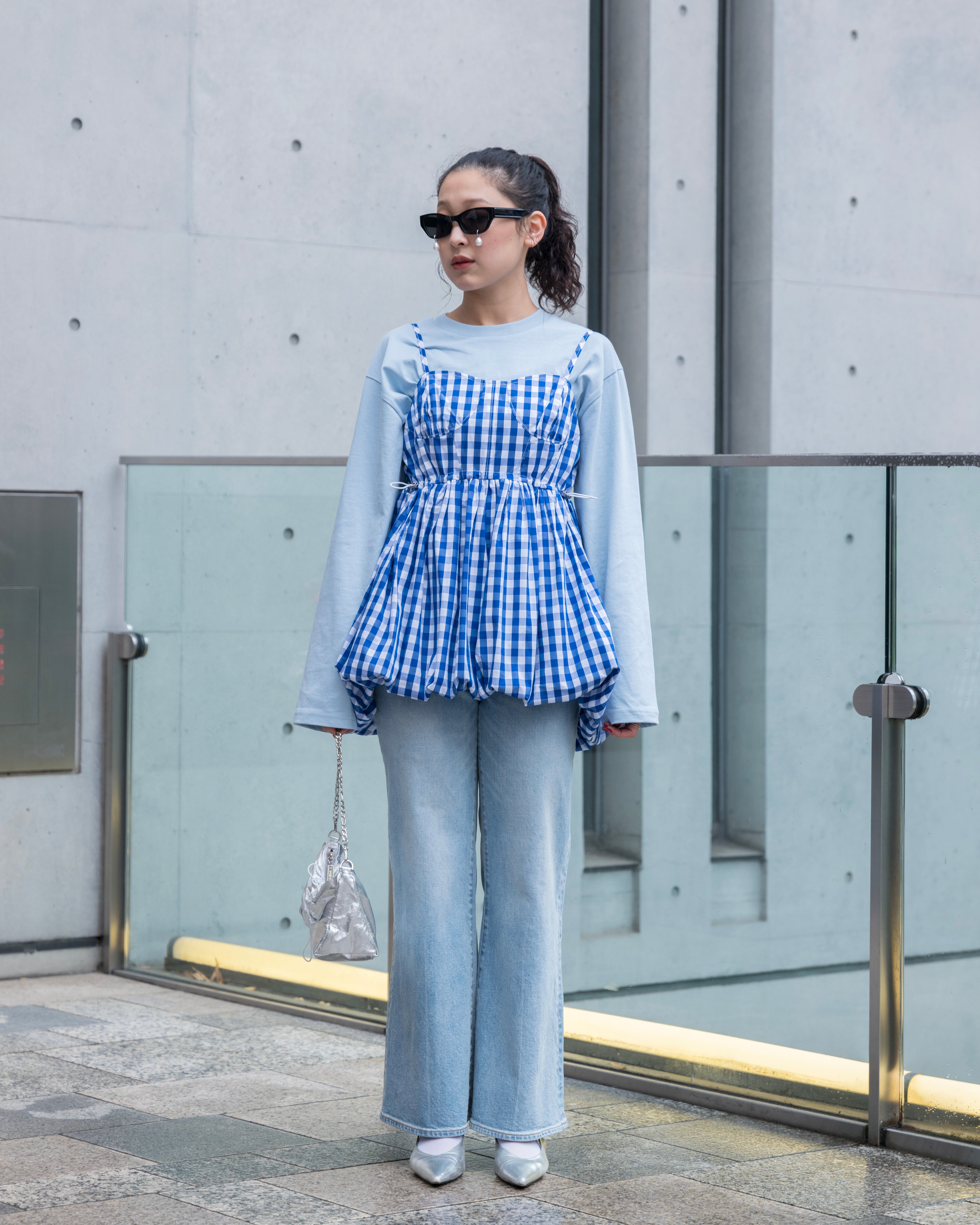 Gingham check balloon tunic