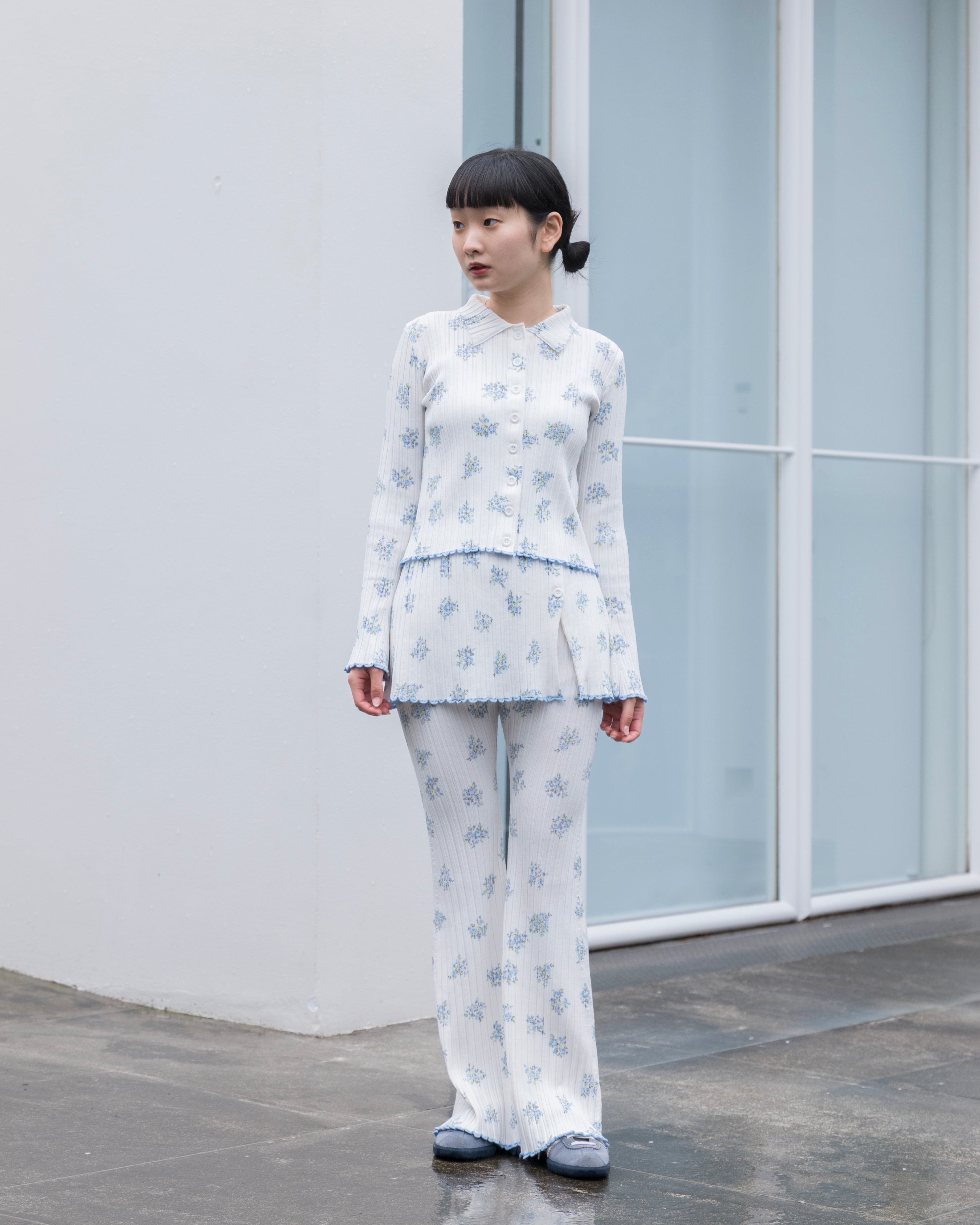 Blue flower rib knit cardigan