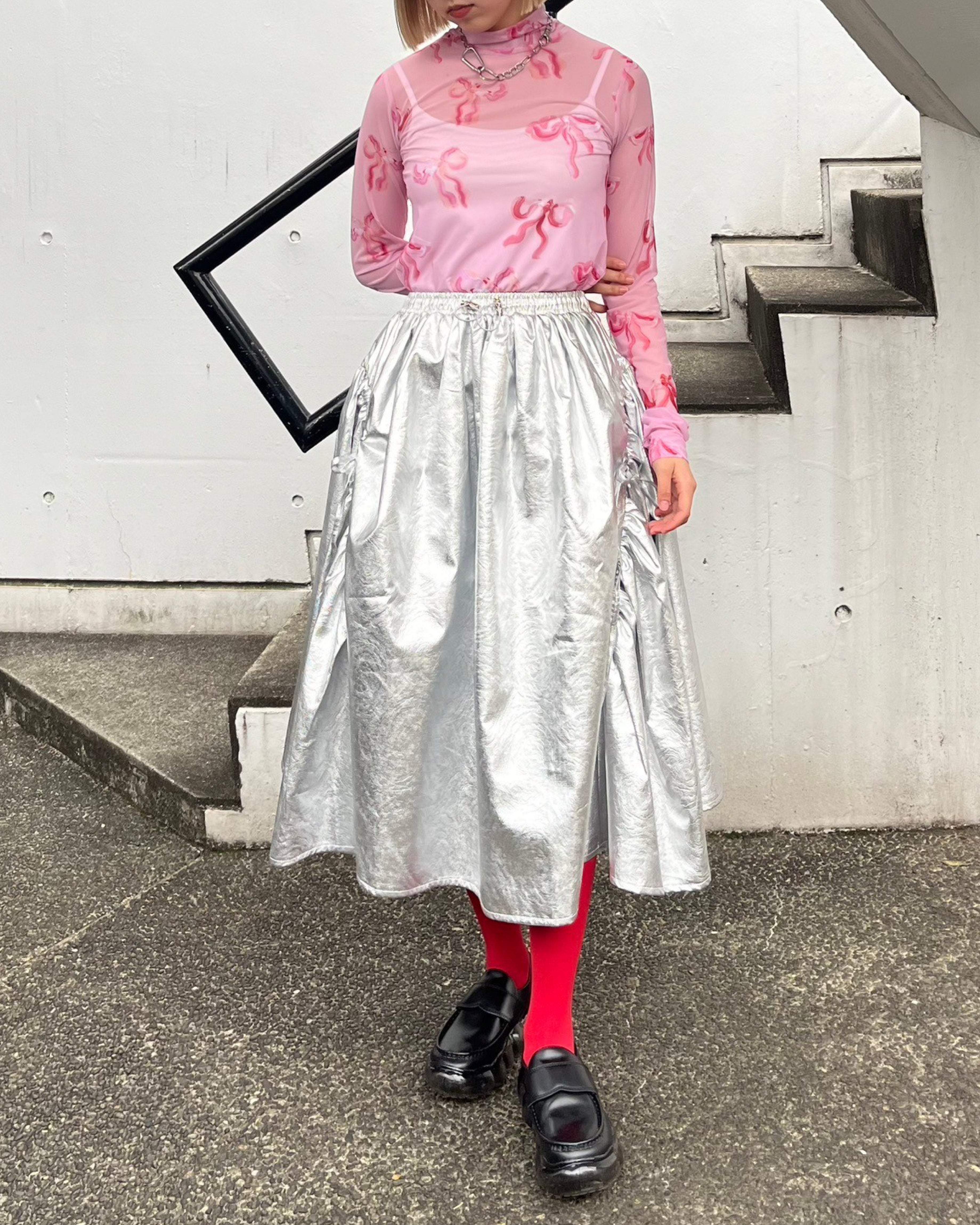 【新品】POPPY　シルバーギャザーリボンスカート　Mサイズ fc25725fc54a4076b9c60a6bdc4ee2