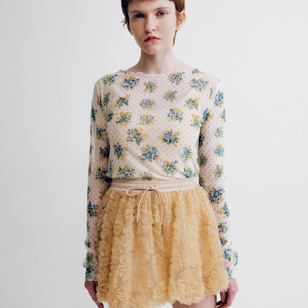 Romantic flower dot see-through tops (round neck)
