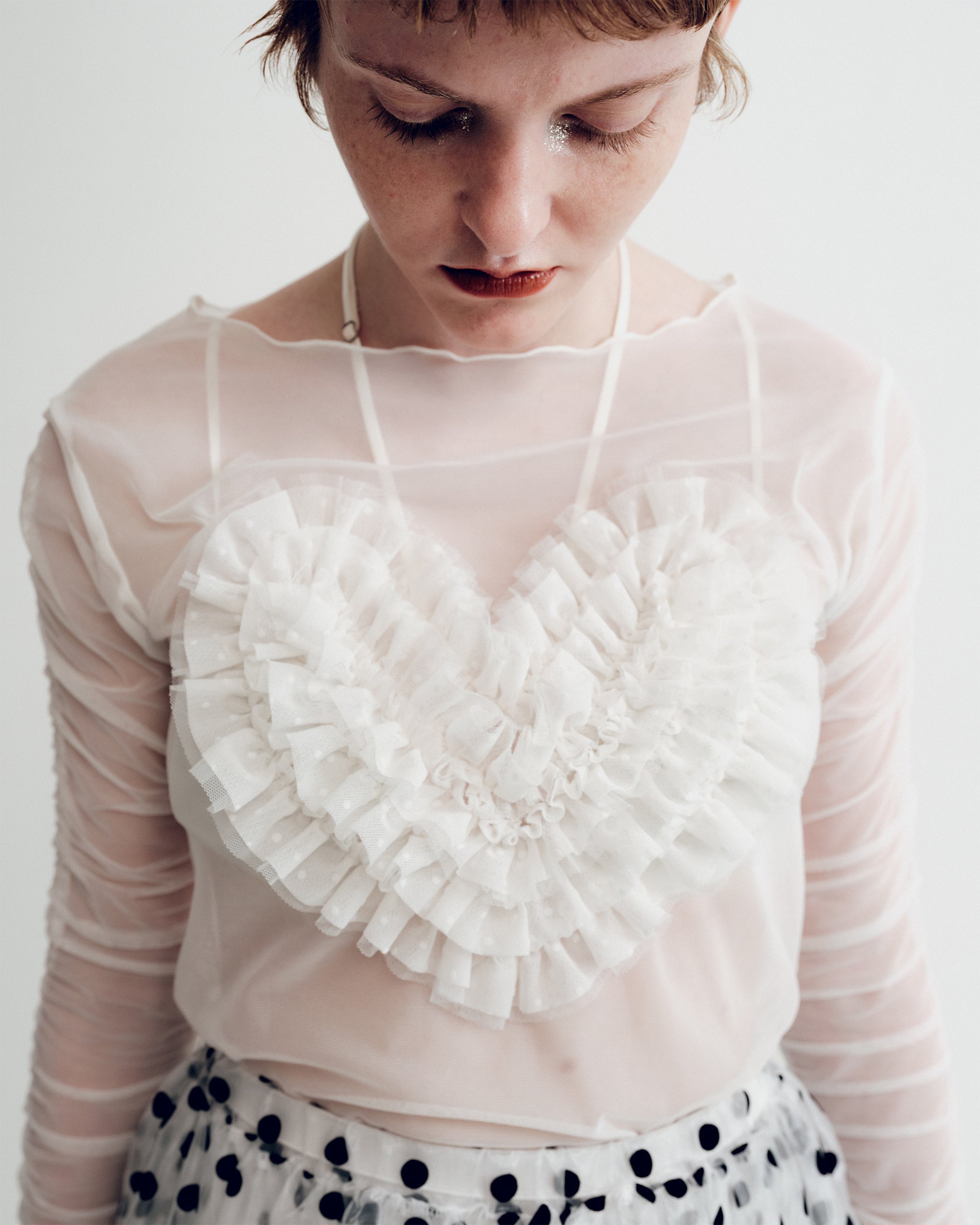 カットソー(長袖+七分) ROSY LUCE HEART TULLE TOPS - WHITE Heart tulle see-through tops (round neck)