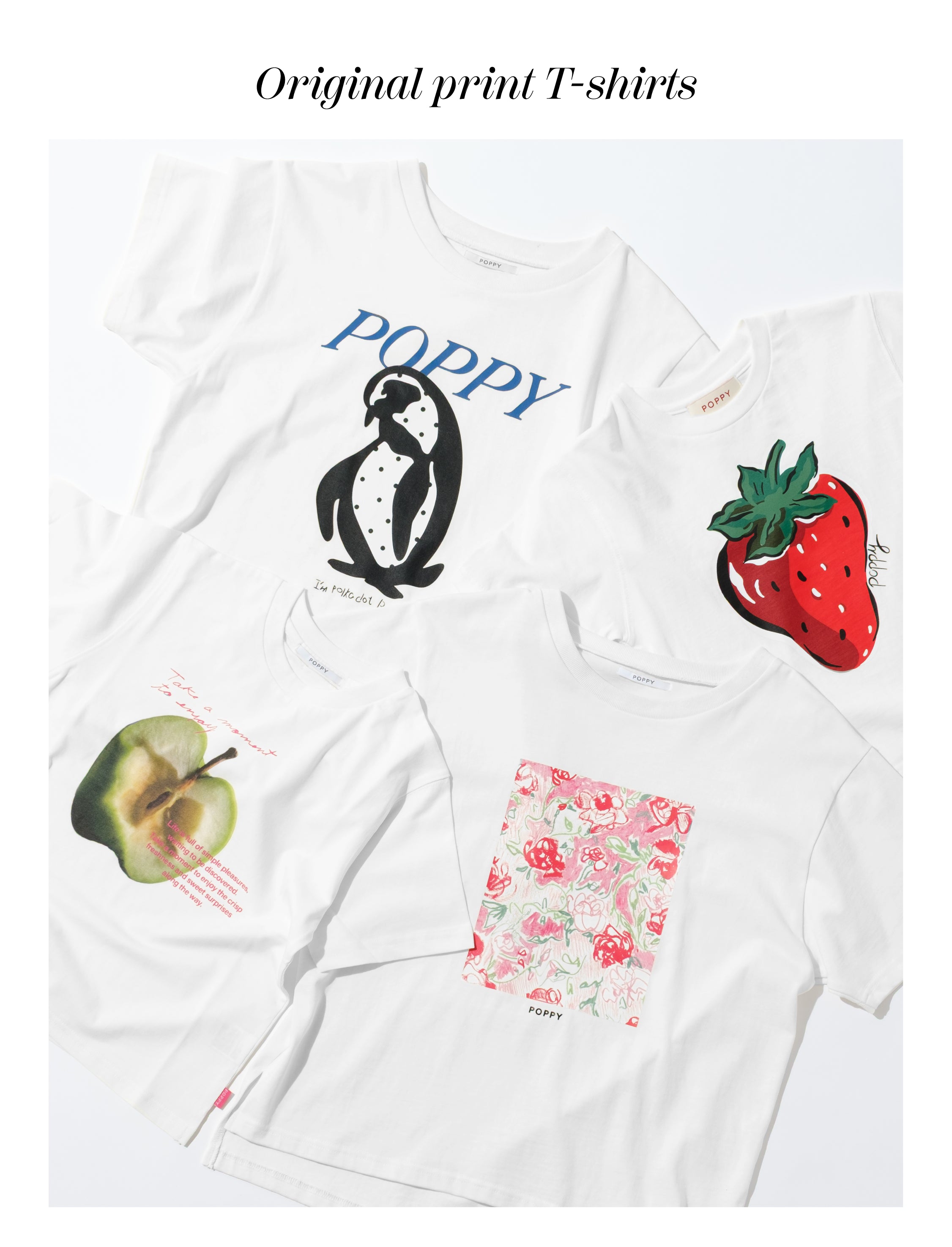 未使用　POPPY ポピー　長袖カットソー　シャーリング　白花柄　ストレッチ T-shirt selection