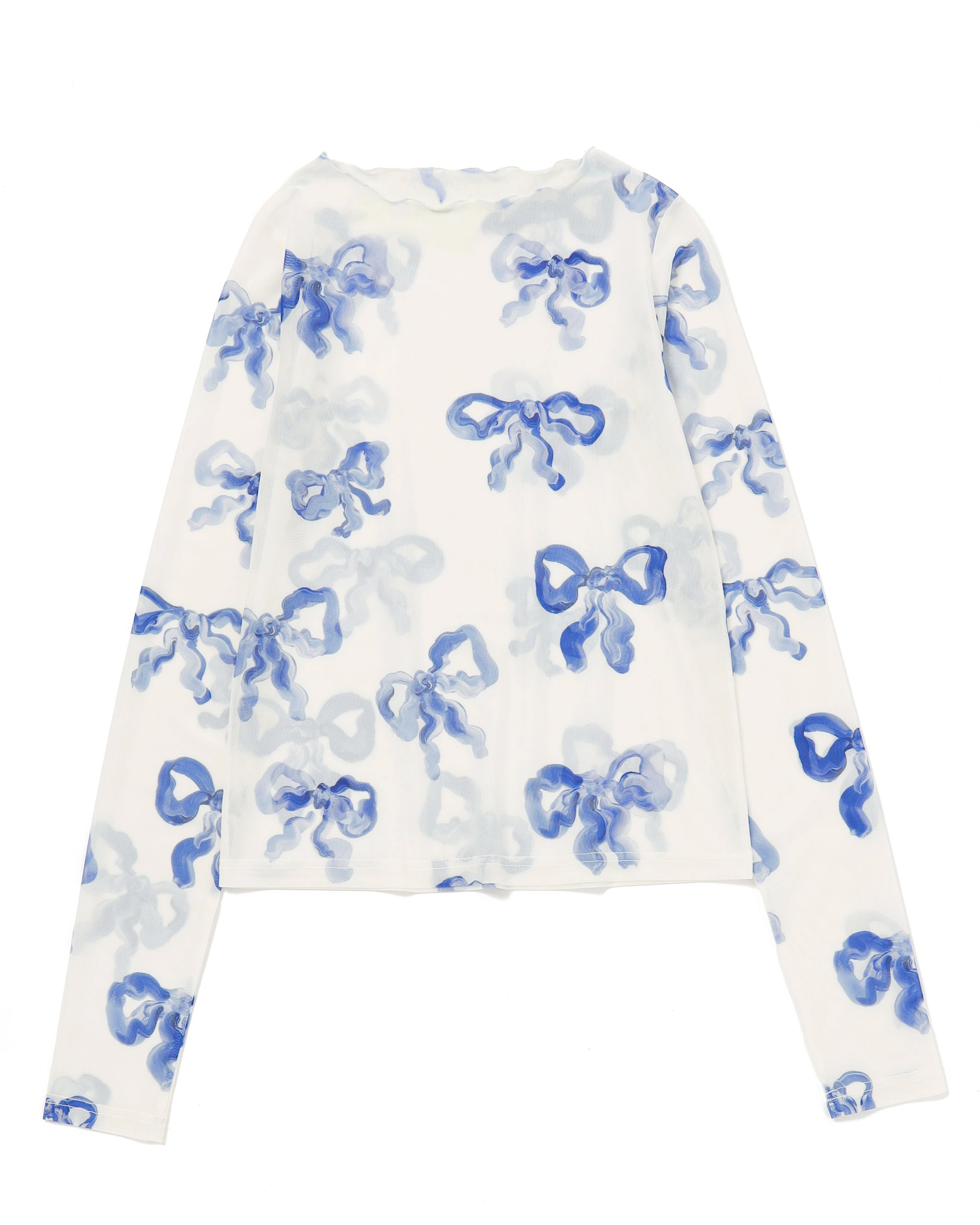 Blue ribbon see-through tops(Round neck)