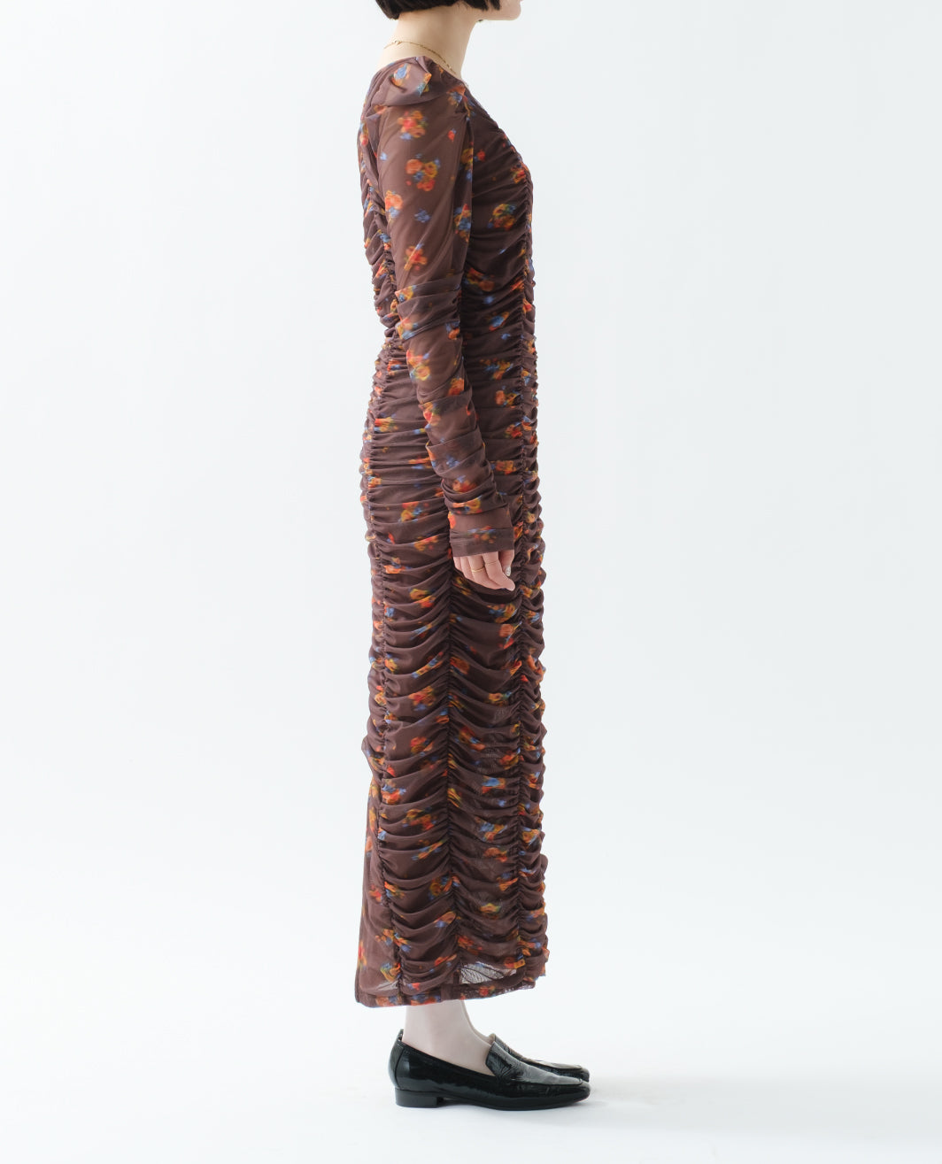 Brown bouquet gathered dress