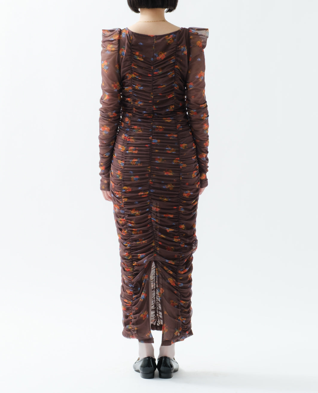 Brown bouquet gathered dress