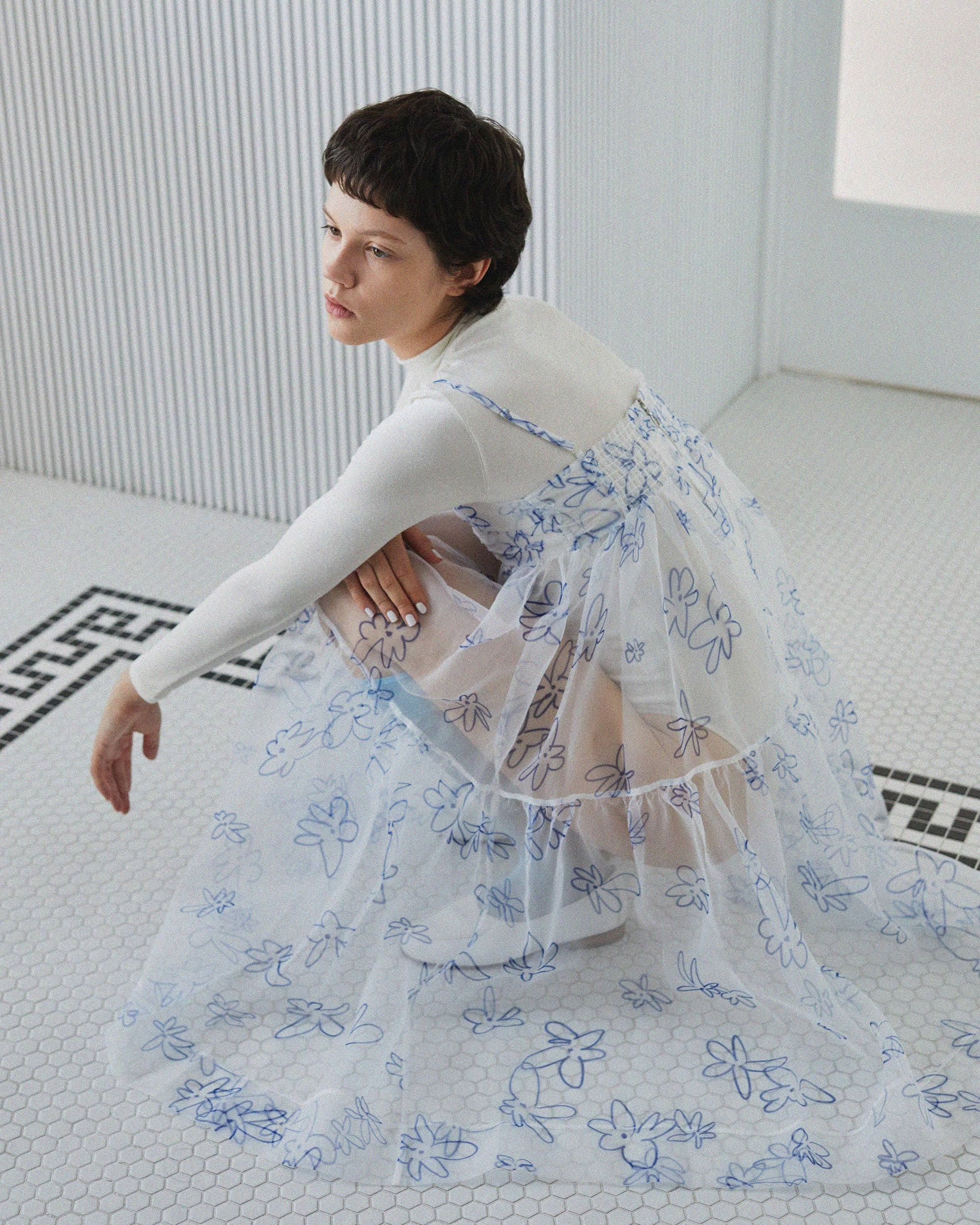 Organdy cami dress (rough paint blue flower)