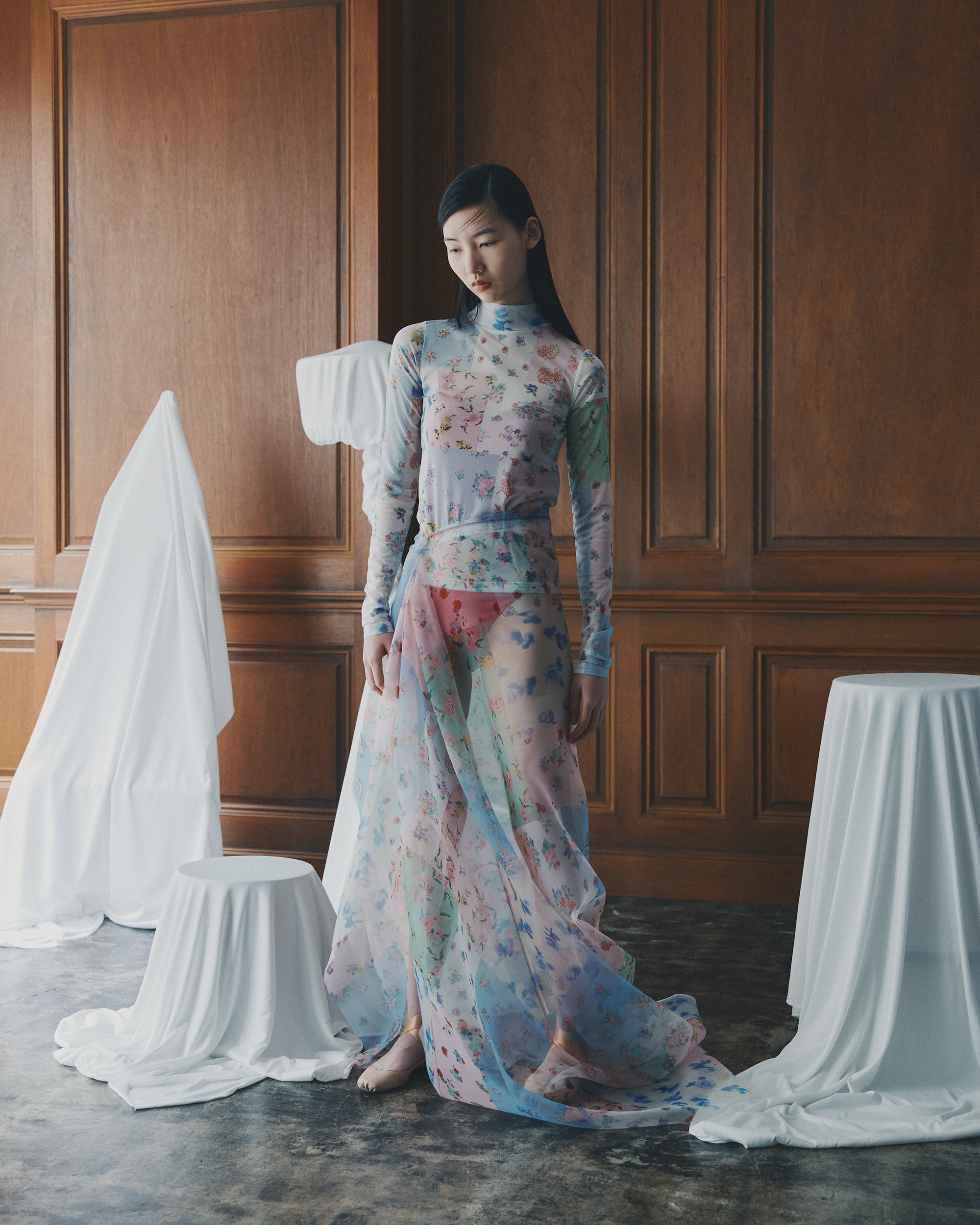 Romantic patchwork see-through tops (high neck)