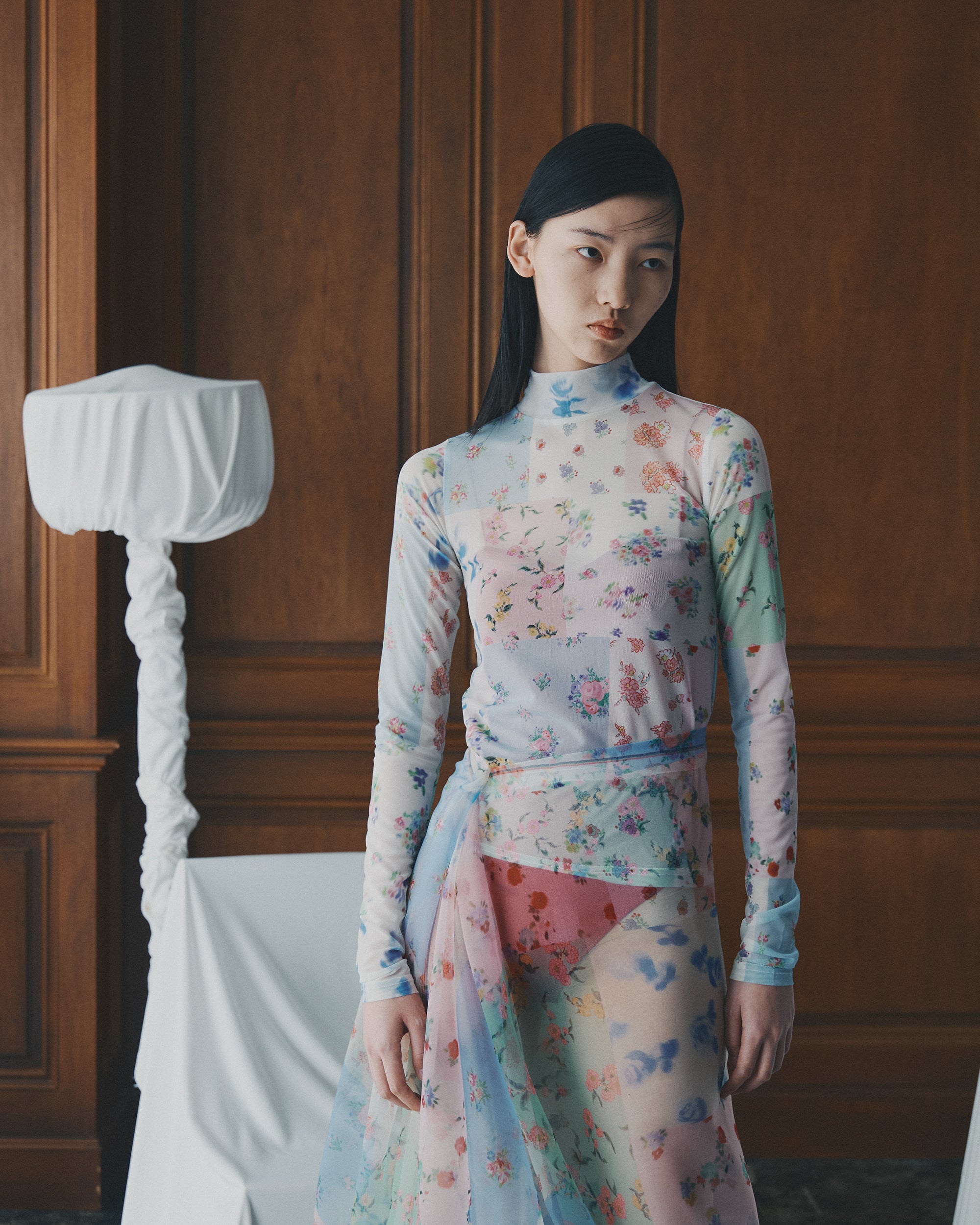 Romantic patchwork see-through tops (high neck)